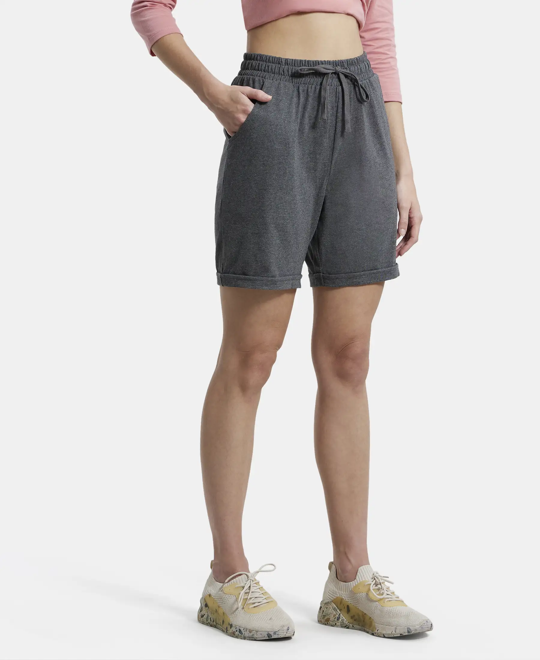 Super Combed Cotton Rich Regular Fit Shorts with Side Pockets - Charcoal Melange - Image 2