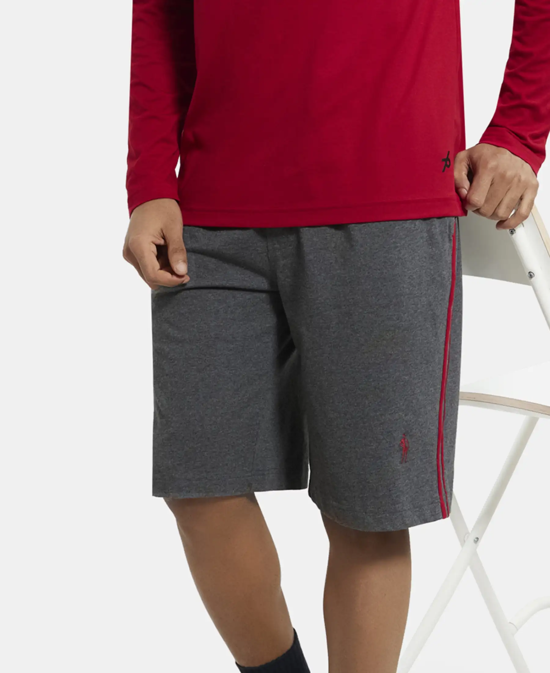Super Combed Cotton Rich Regular Fit Shorts with Side Pockets - Charcoal Melange & Shanghai Red - Image 5