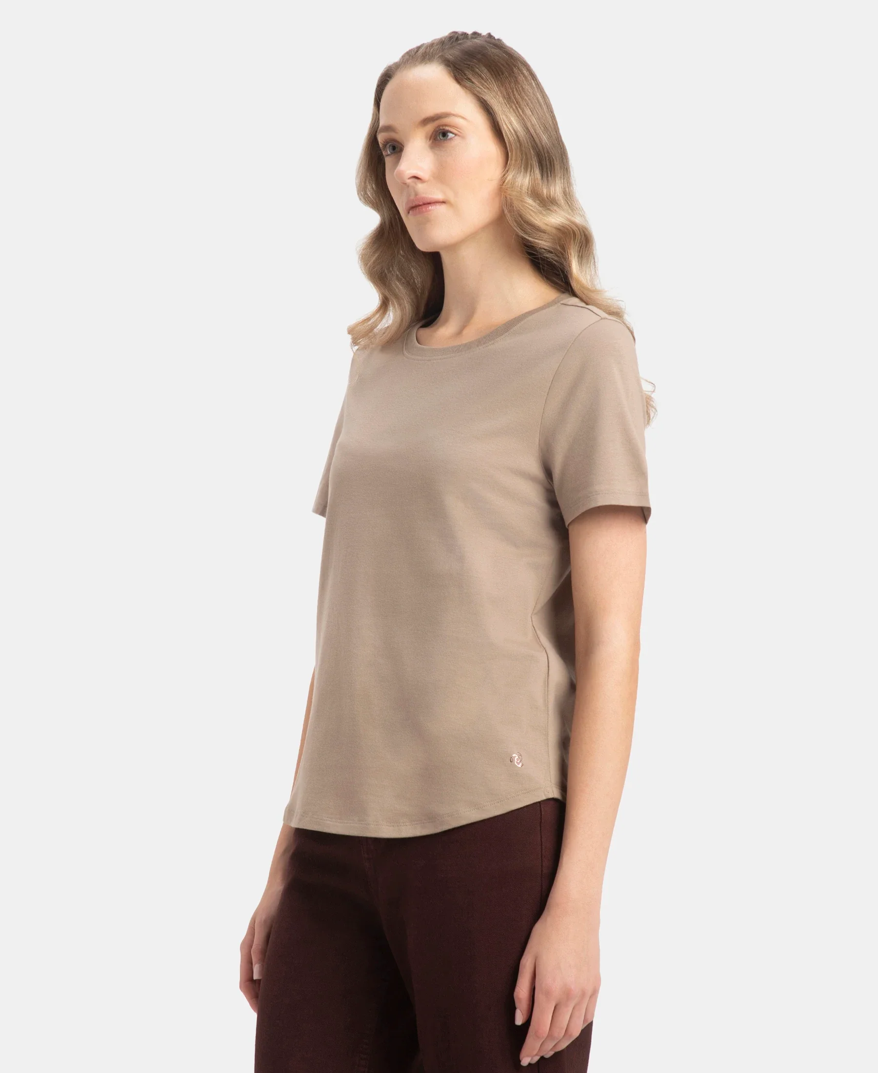 Super Combed Cotton Rich Relaxed Fit Solid Curved Hem Styled Half Sleeve T-Shirt - Desert Taupe - Image 2