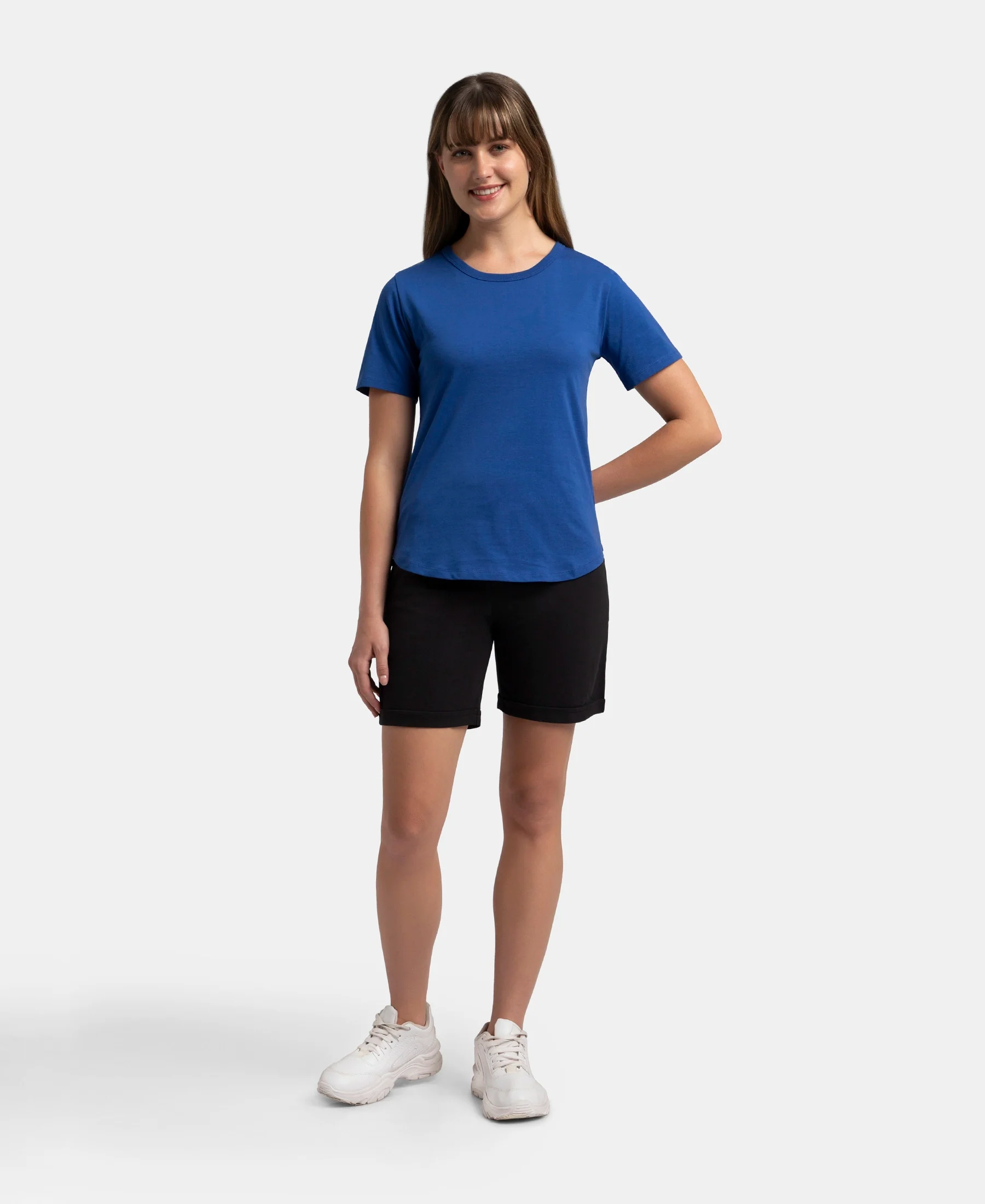 Super Combed Cotton Rich Relaxed Fit Solid Curved Hem Styled Half Sleeve T-Shirt - Mazarine Blue - Image 4