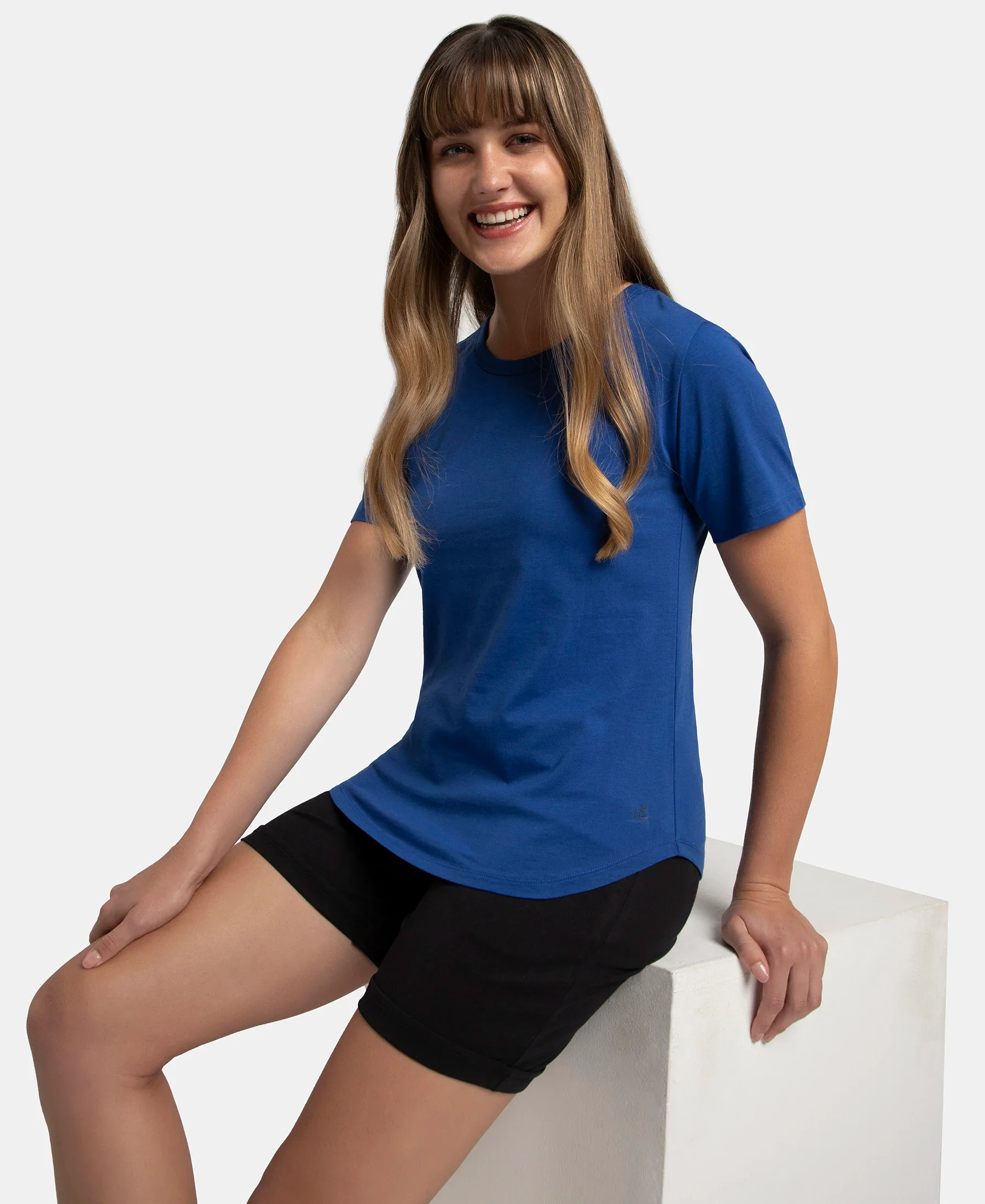 Super Combed Cotton Rich Relaxed Fit Solid Curved Hem Styled Half Sleeve T-Shirt - Mazarine Blue - Image 5
