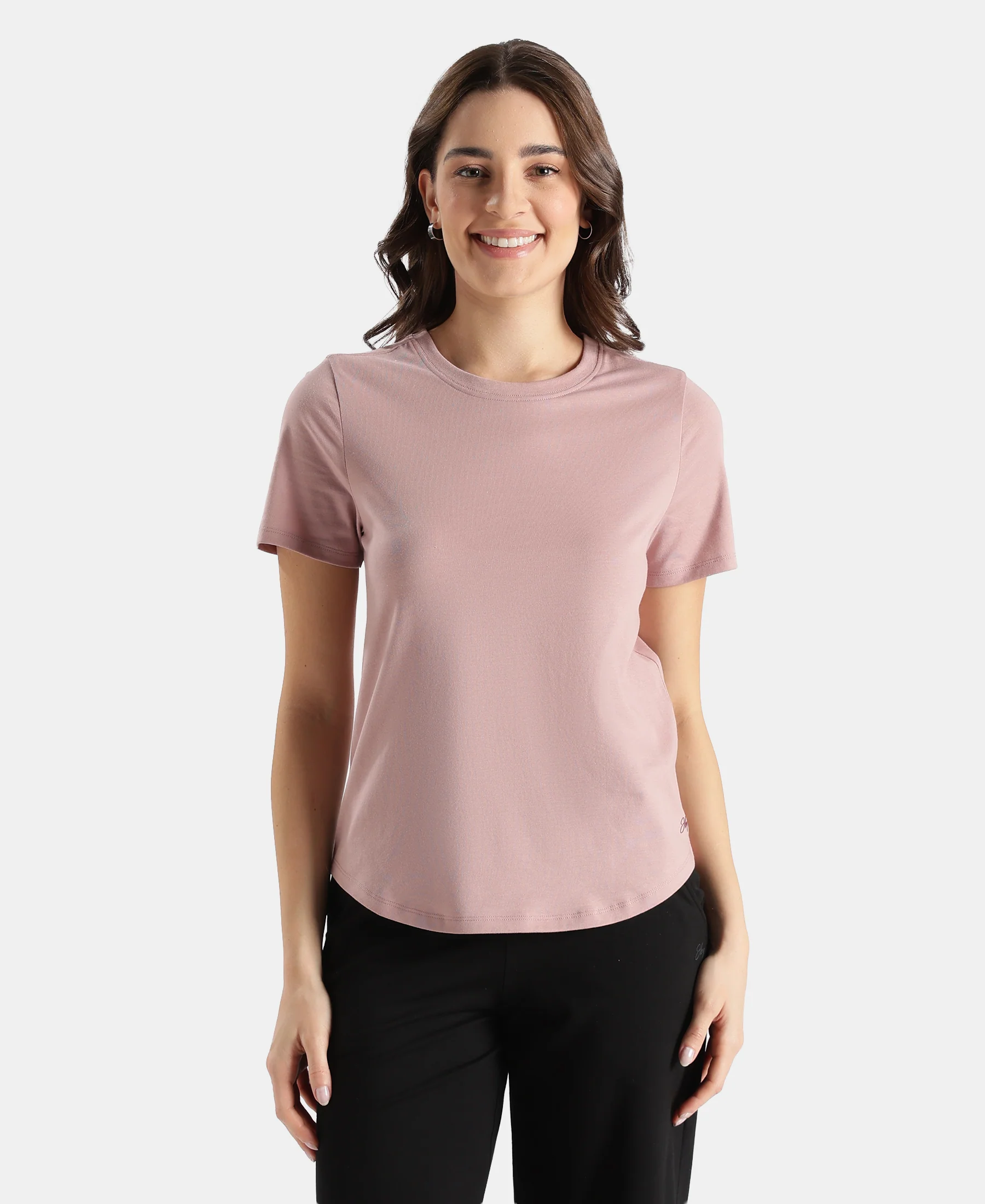 Super Combed Cotton Rich Relaxed Fit Solid Curved Hem Styled Half Sleeve T-Shirt - Woodrose