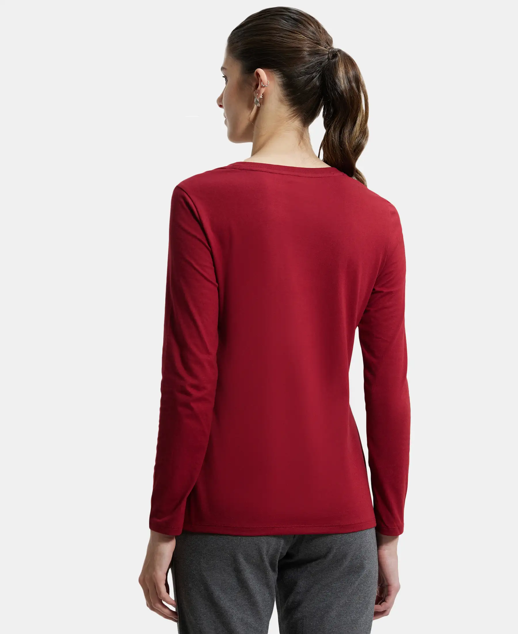 Super Combed Cotton Rich Relaxed Fit Solid Round Neck Full Sleeve T-Shirt - Rhubarb - Image 3