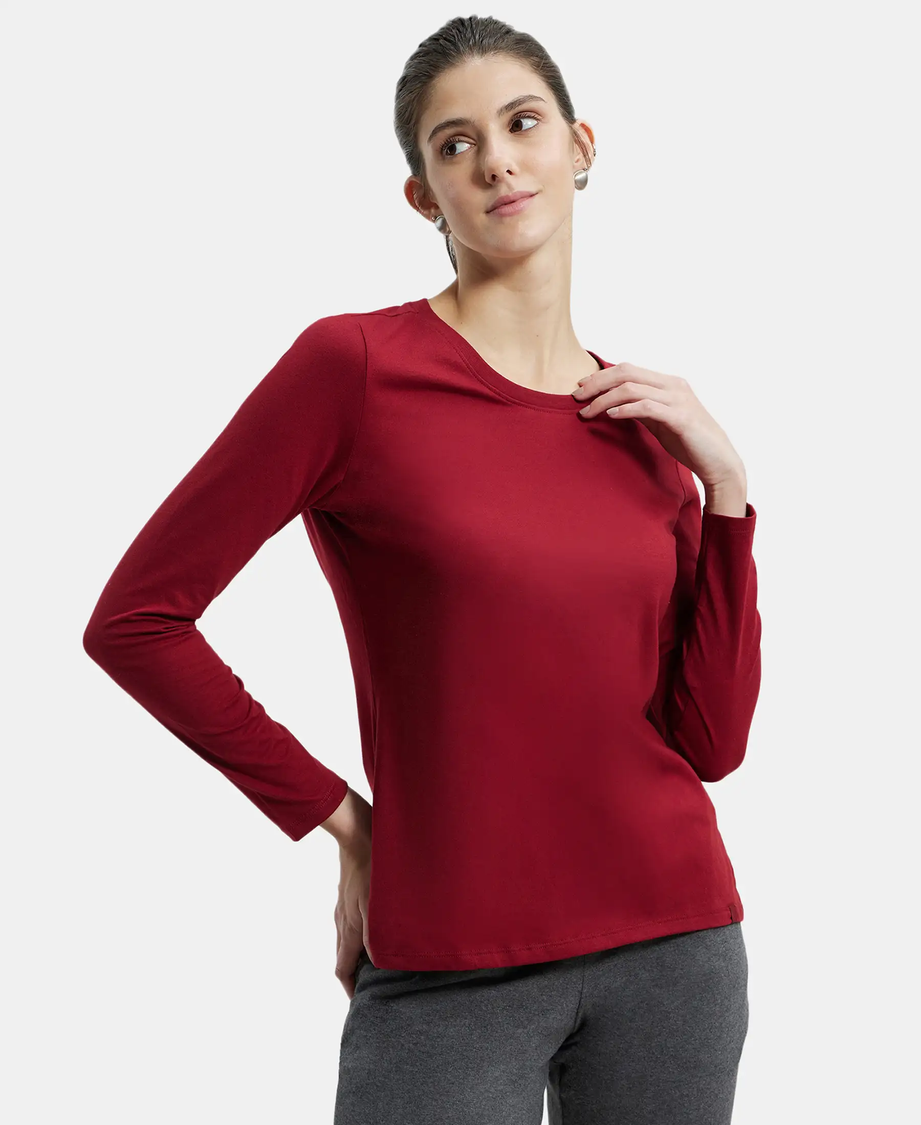 Super Combed Cotton Rich Relaxed Fit Solid Round Neck Full Sleeve T-Shirt - Rhubarb - Image 5