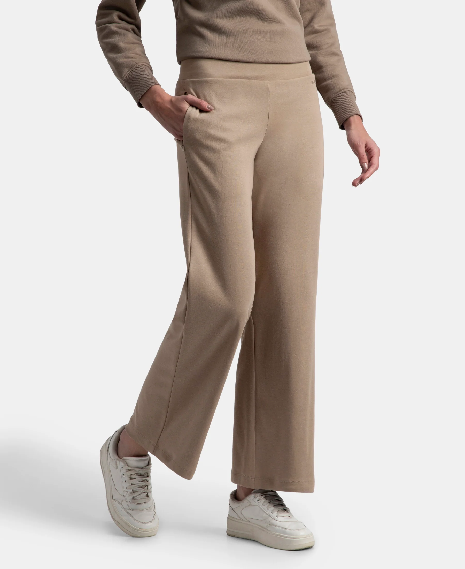 Super Combed Cotton Rich Relaxed Fit Wide Leg Pants with Zipper Pockets - Desert Taupe - Image 2