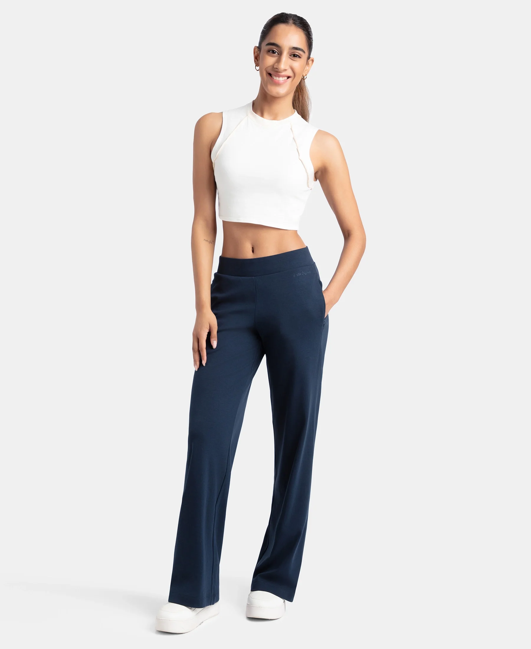 Super Combed Cotton Rich Relaxed Fit Wide Leg Pants with Zipper Pockets - Navy - Image 4