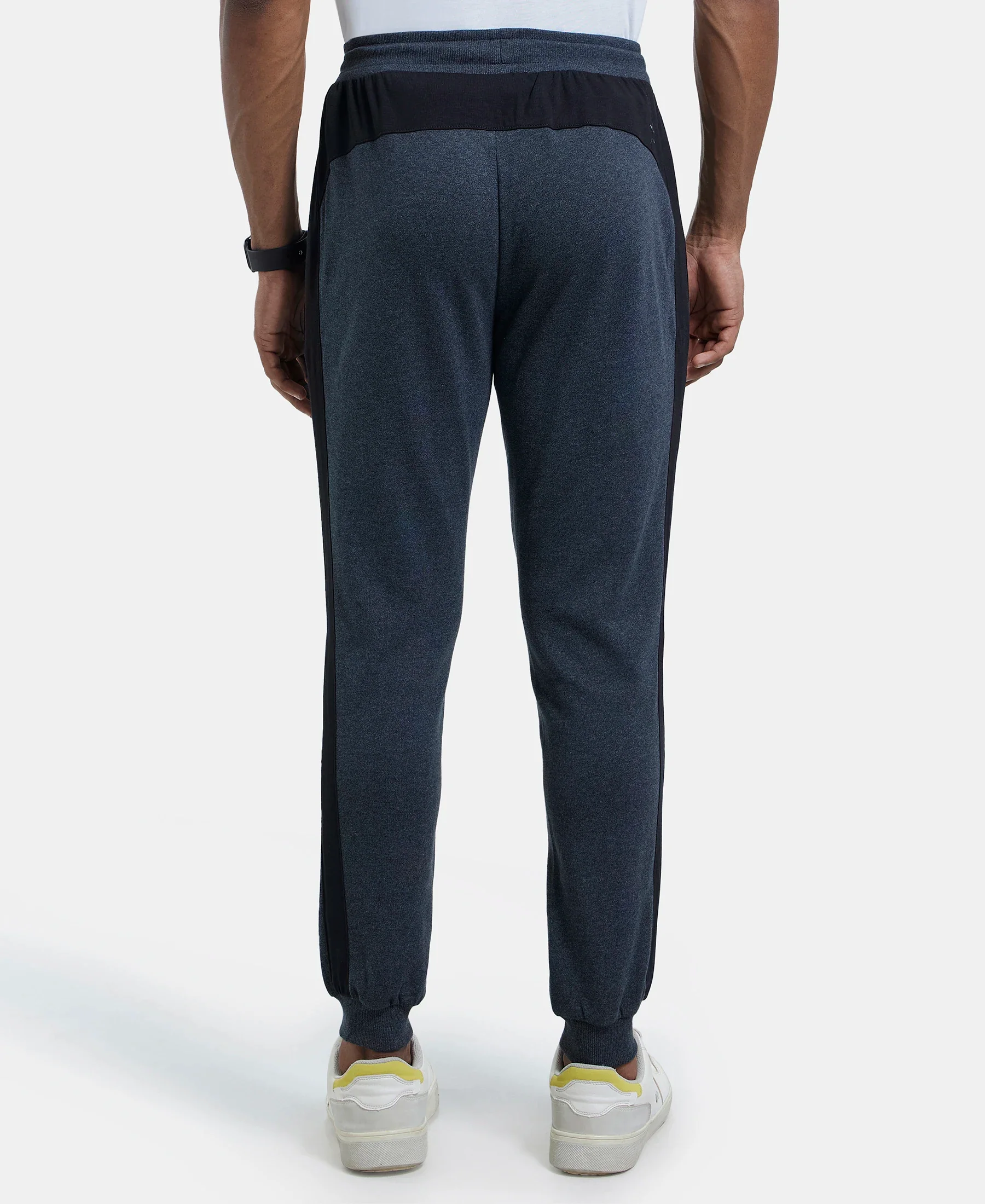 Super Combed Cotton Rich Slim Fit Jogger with Zipper Pockets - True Black Melange & Black - Image 3