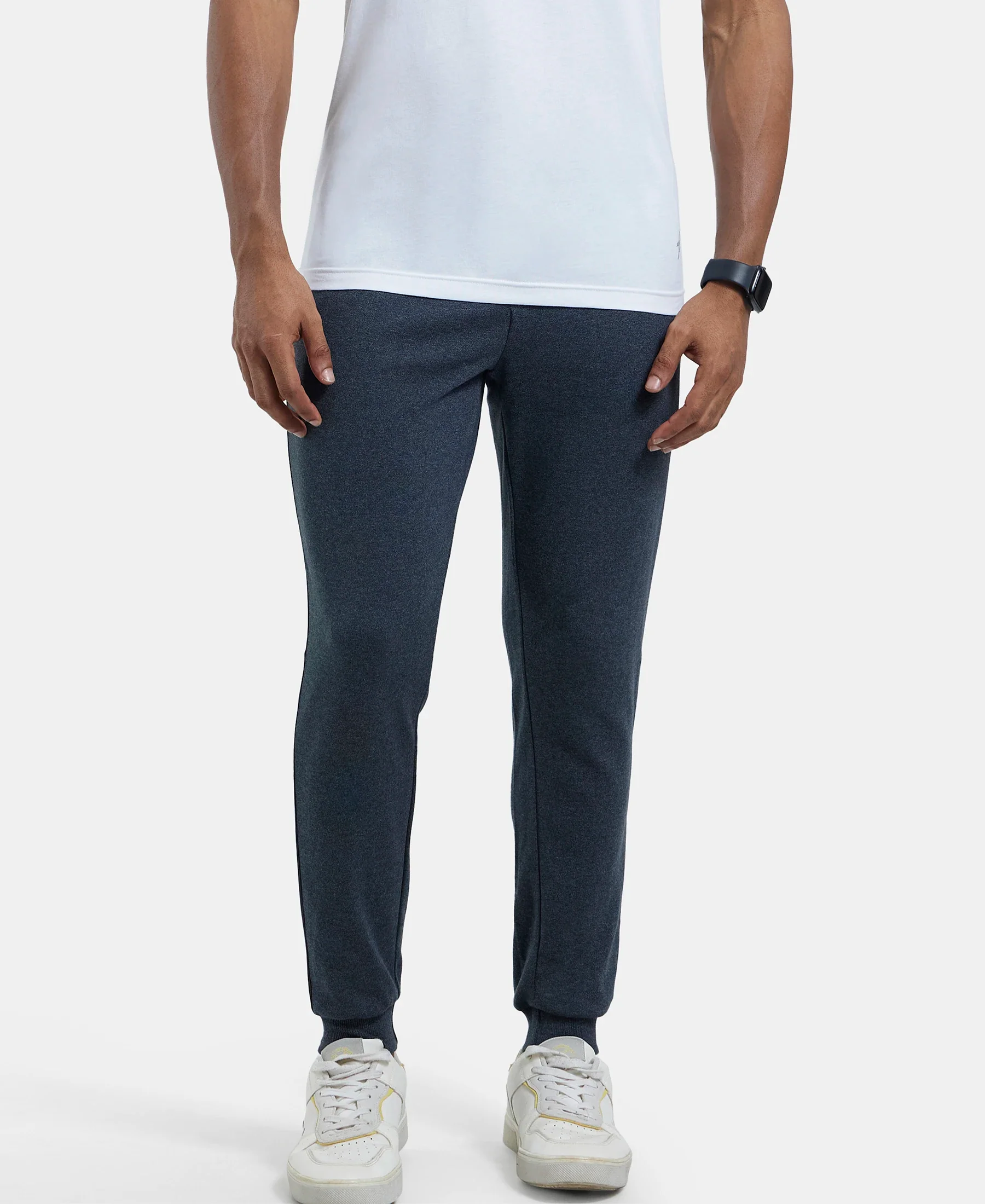 Super Combed Cotton Rich Slim Fit Jogger with Zipper Pockets - True Black Melange & Black - Image 5