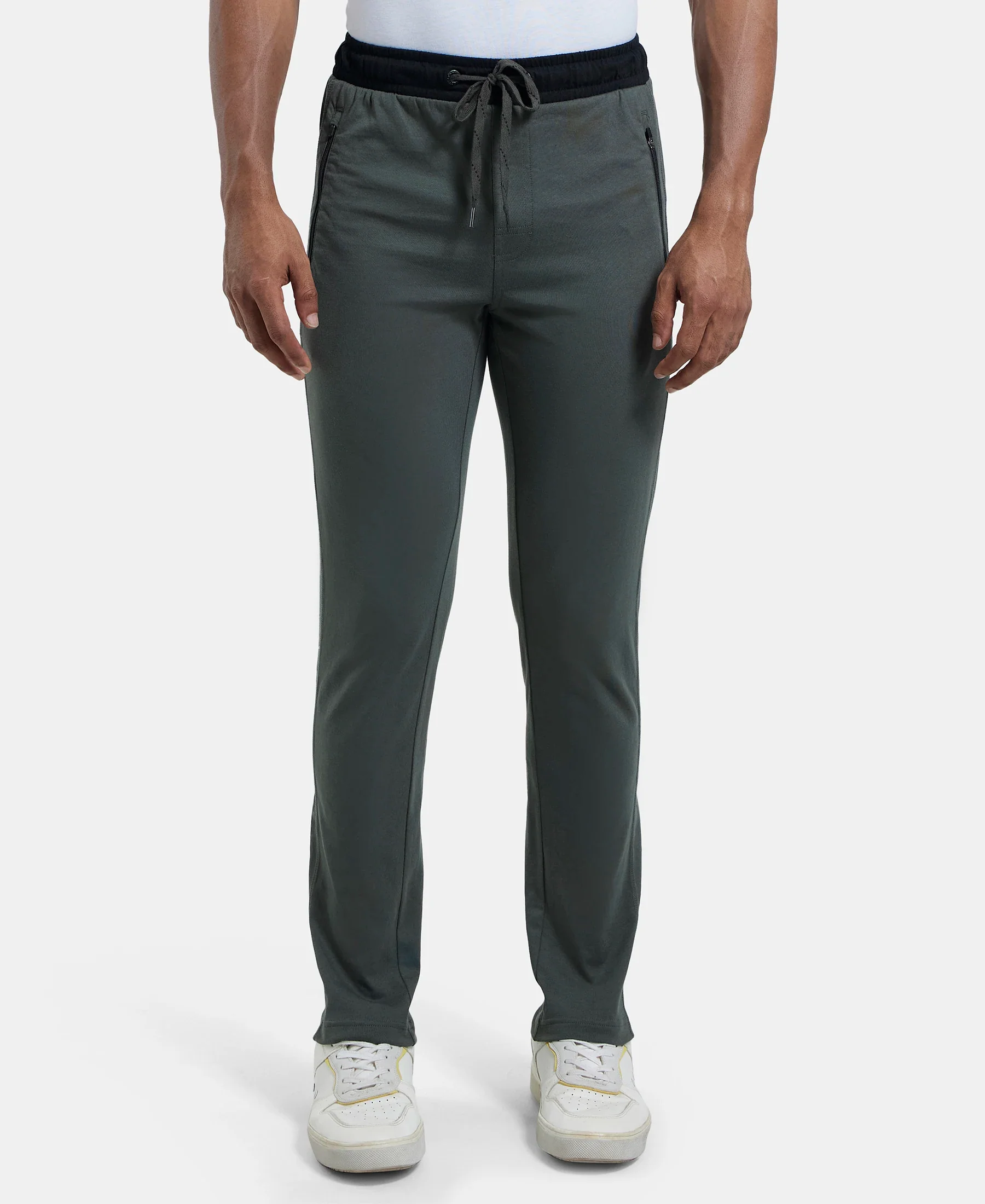 Super Combed Cotton Rich Slim Fit Trackpant with Side Zipper Pockets - Deep Olive