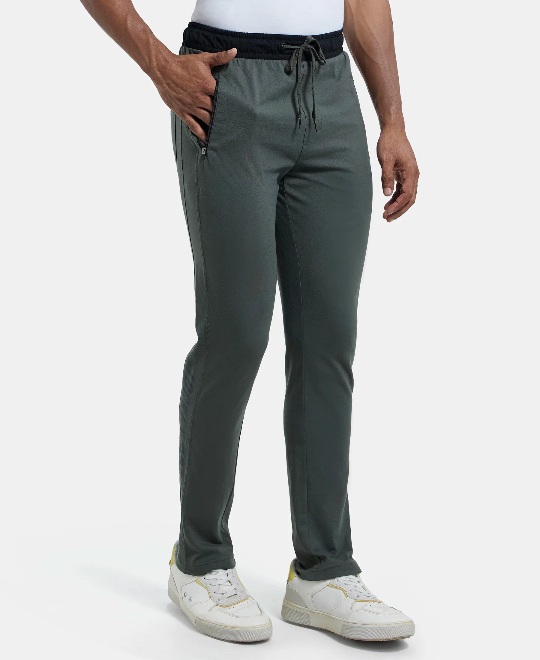Super Combed Cotton Rich Slim Fit Trackpant with Side Zipper Pockets - Deep Olive - Image 2