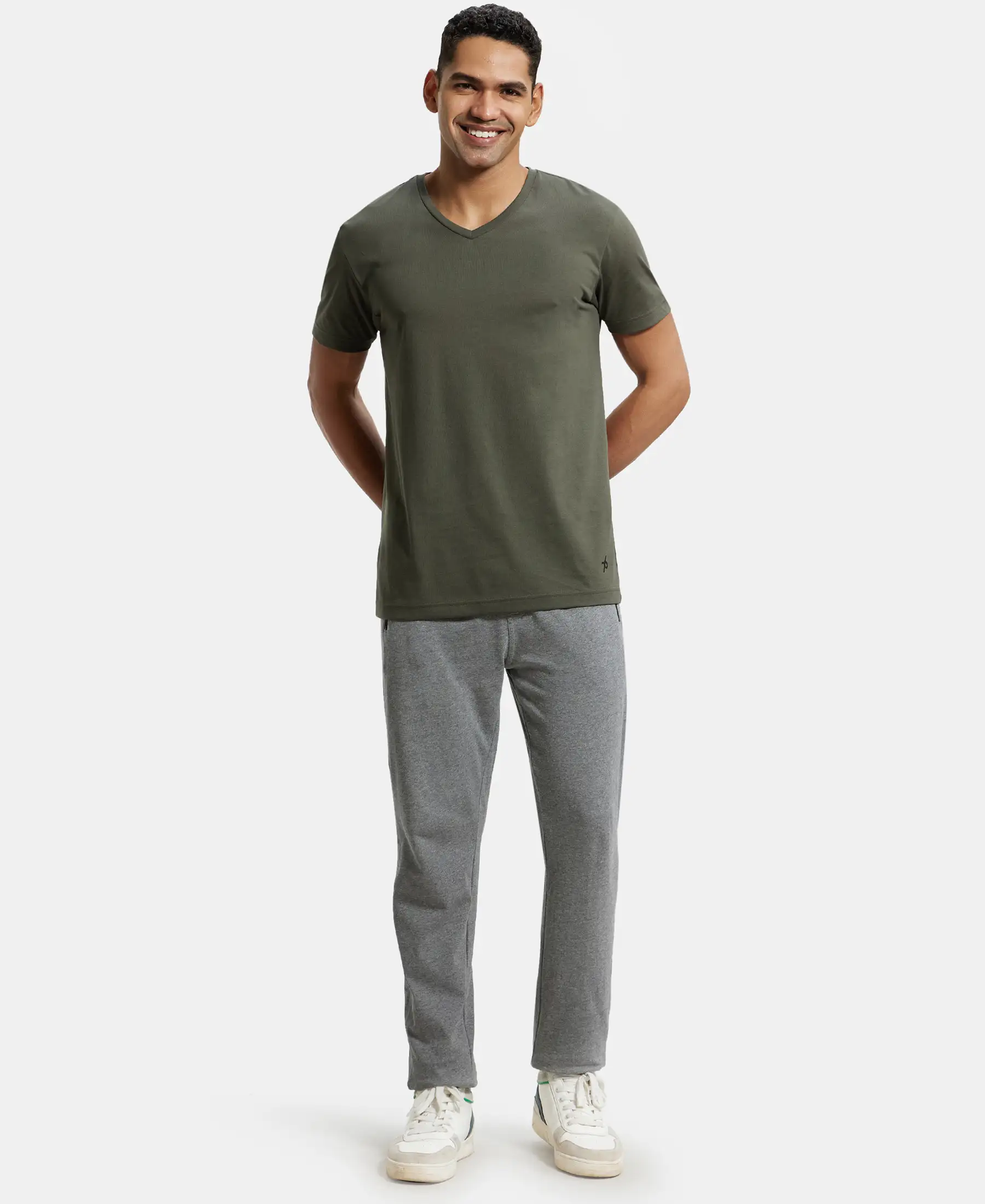 Super Combed Cotton Rich Slim Fit Trackpant with Side Zipper Pockets - Grey Melange & Black - Image 4