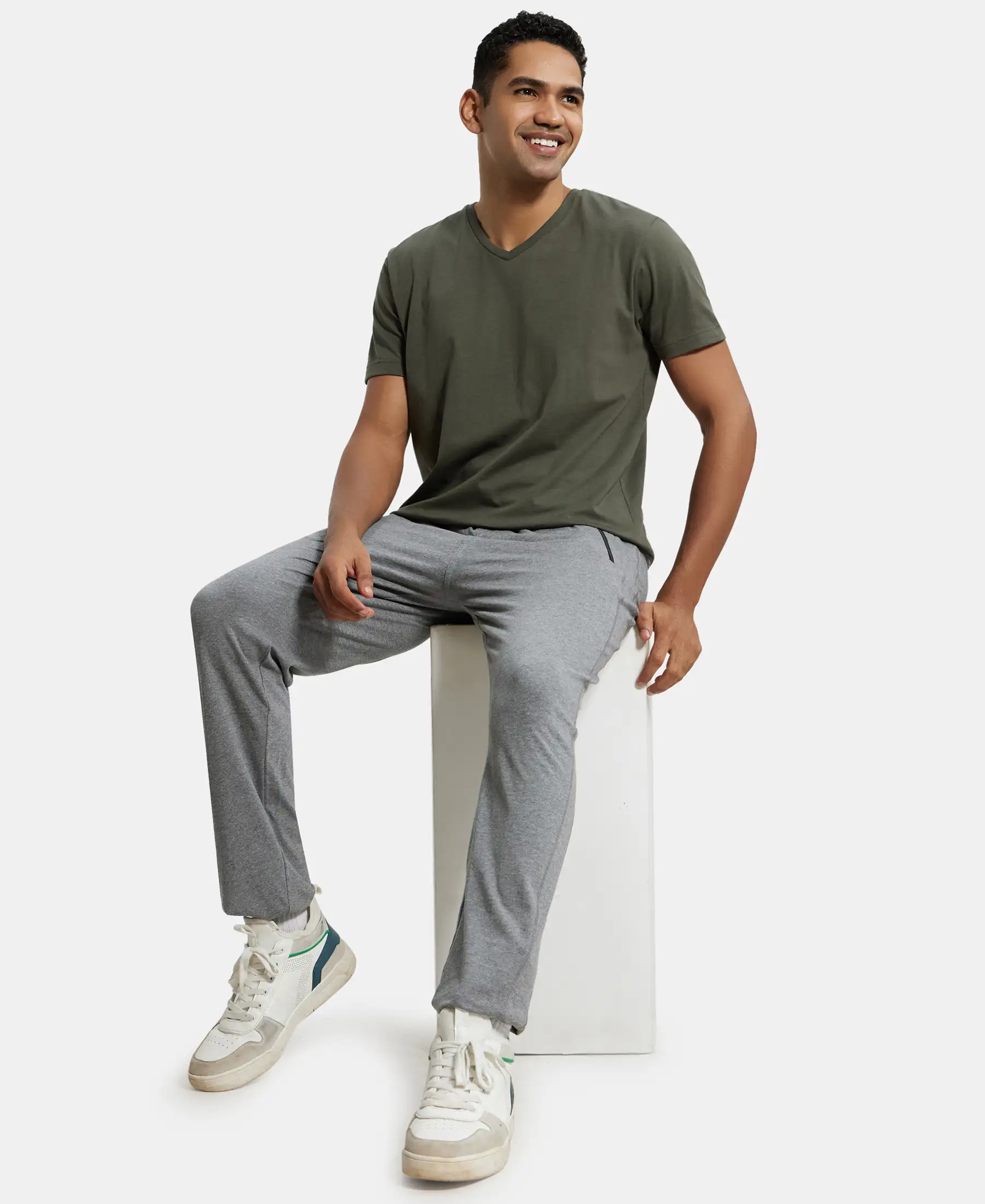 Super Combed Cotton Rich Slim Fit Trackpant with Side Zipper Pockets - Grey Melange & Black - Image 6