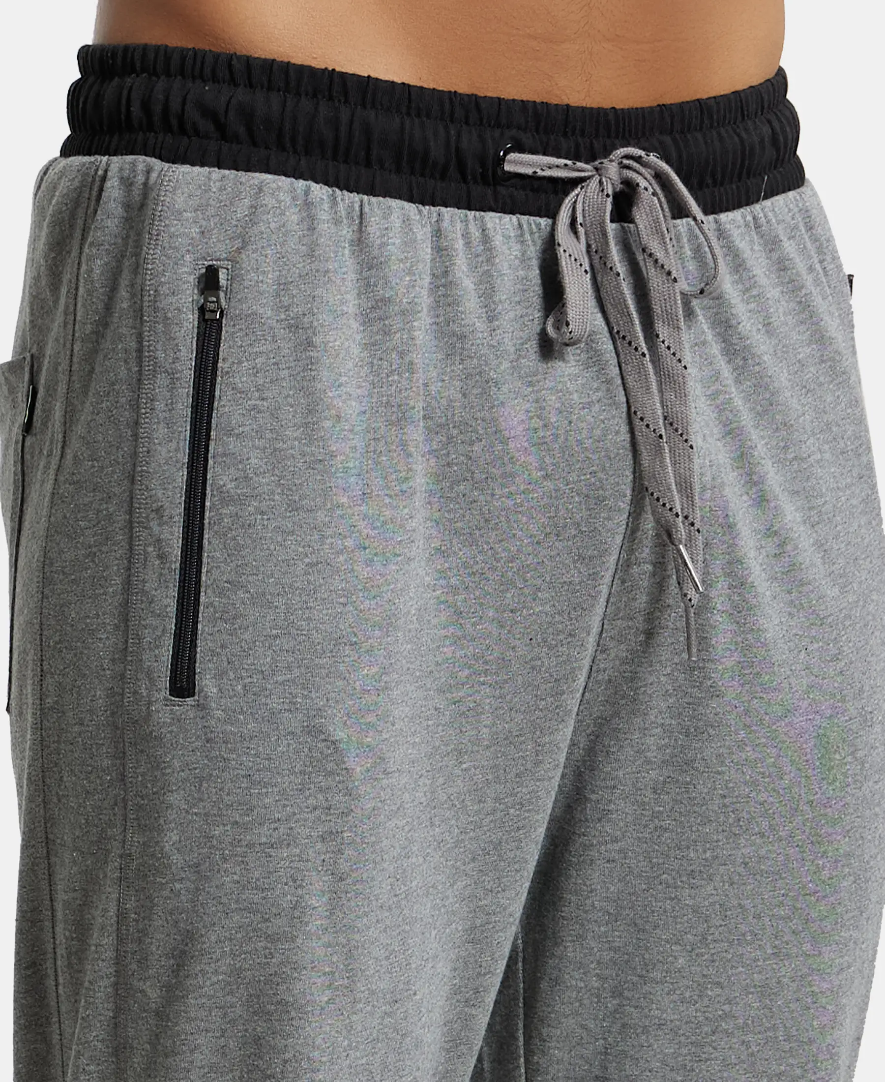 Super Combed Cotton Rich Slim Fit Trackpant with Side Zipper Pockets - Grey Melange & Black - Image 7