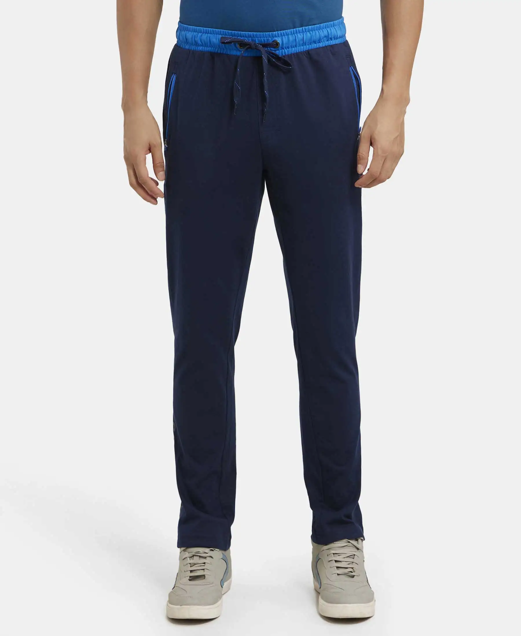 Super Combed Cotton Rich Slim Fit Trackpant with Side Zipper Pockets - Navy & Neon Blue