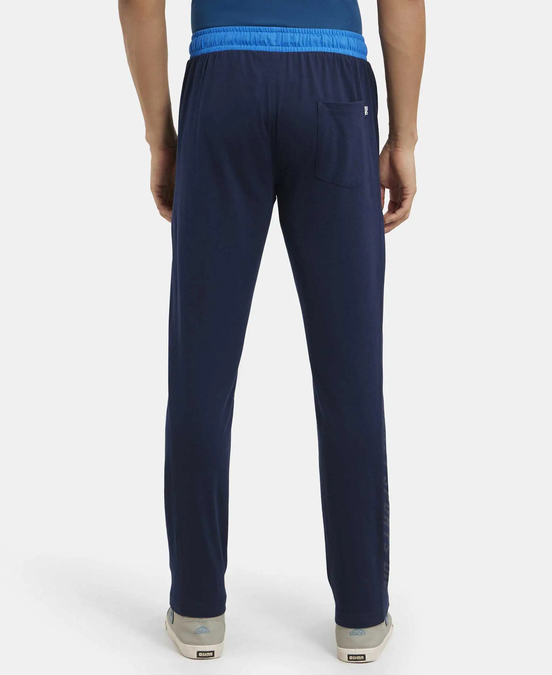 Super Combed Cotton Rich Slim Fit Trackpant with Side Zipper Pockets - Navy & Neon Blue - Image 3