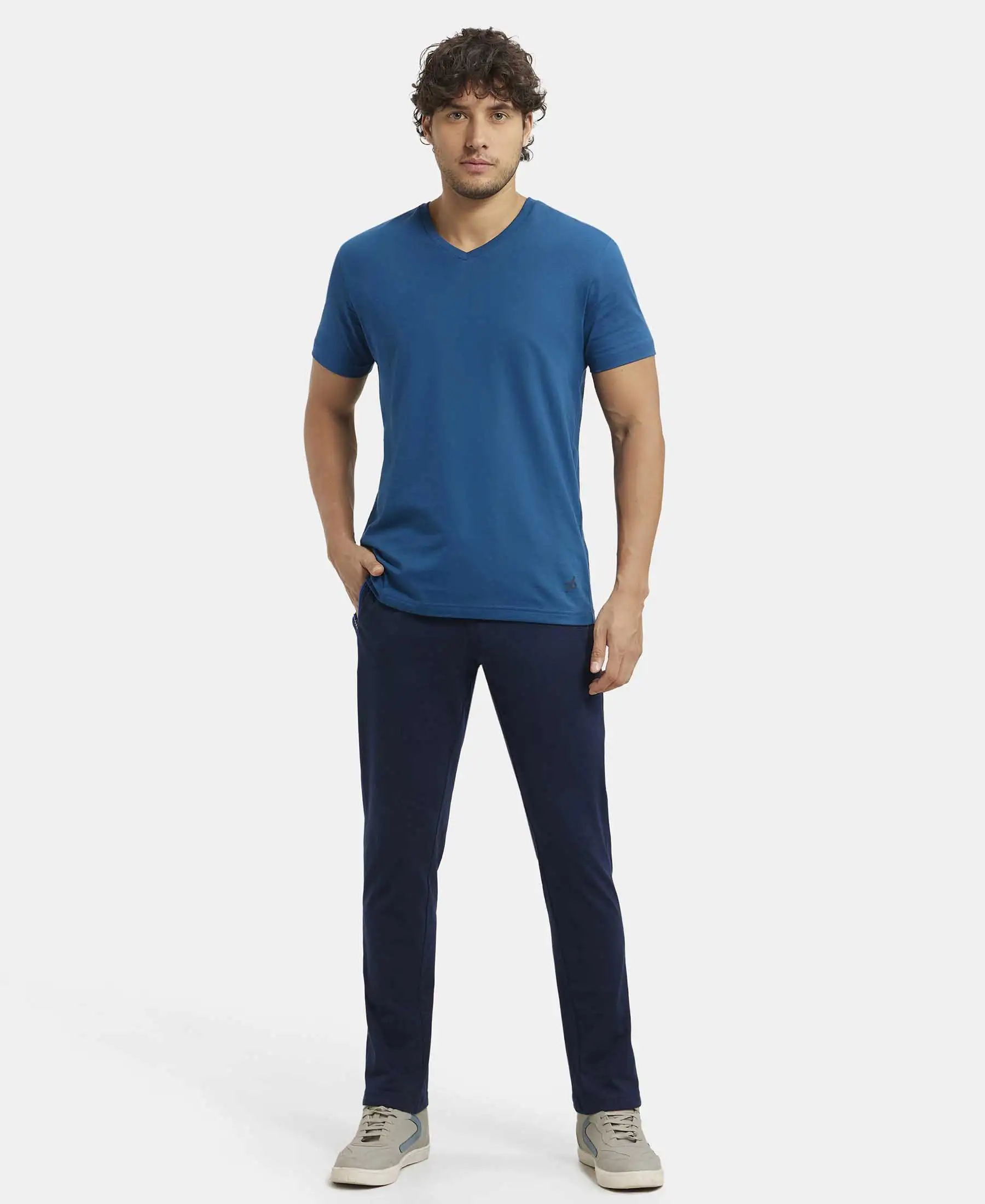Super Combed Cotton Rich Slim Fit Trackpant with Side Zipper Pockets - Navy & Neon Blue - Image 4