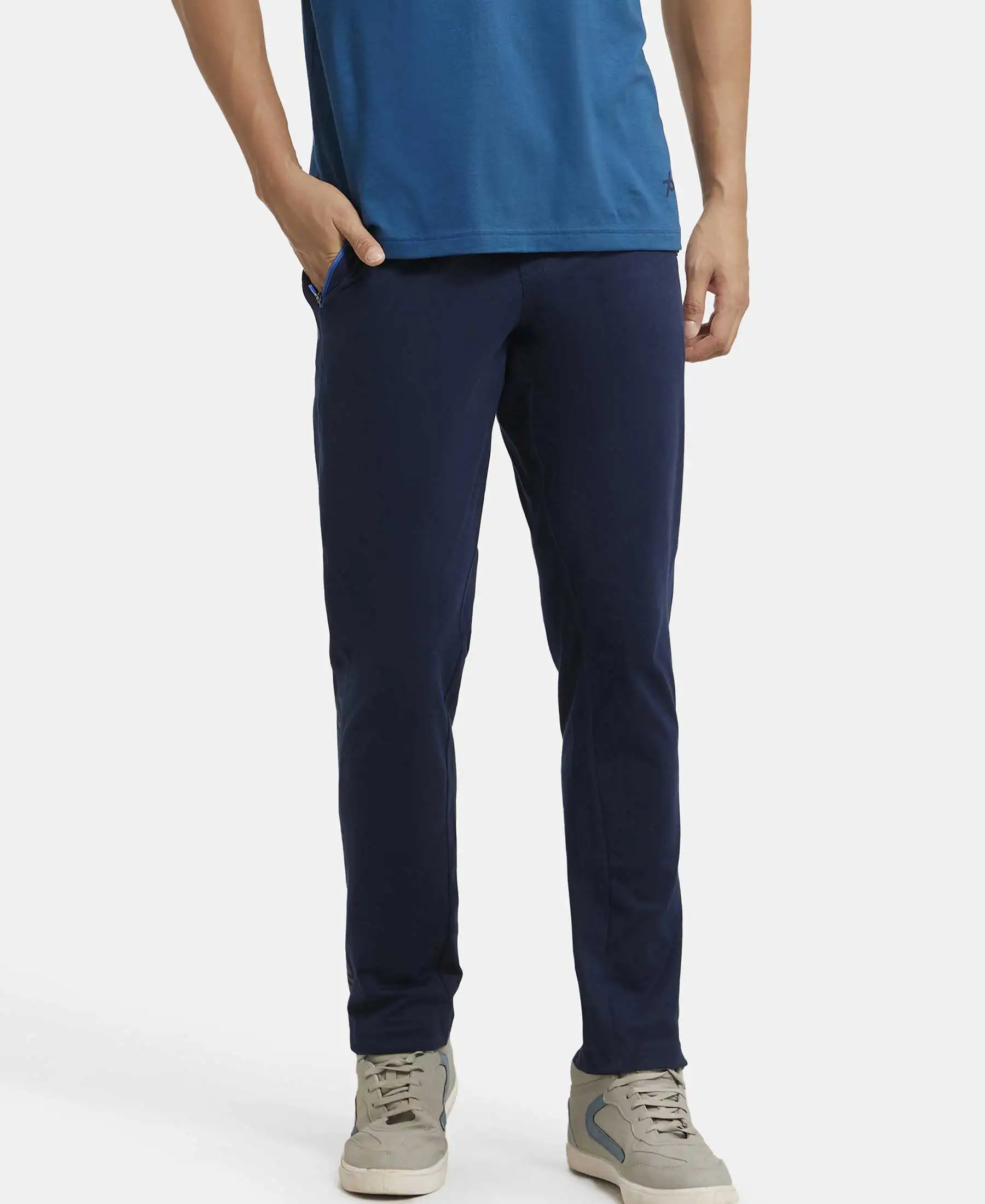Super Combed Cotton Rich Slim Fit Trackpant with Side Zipper Pockets - Navy & Neon Blue - Image 5