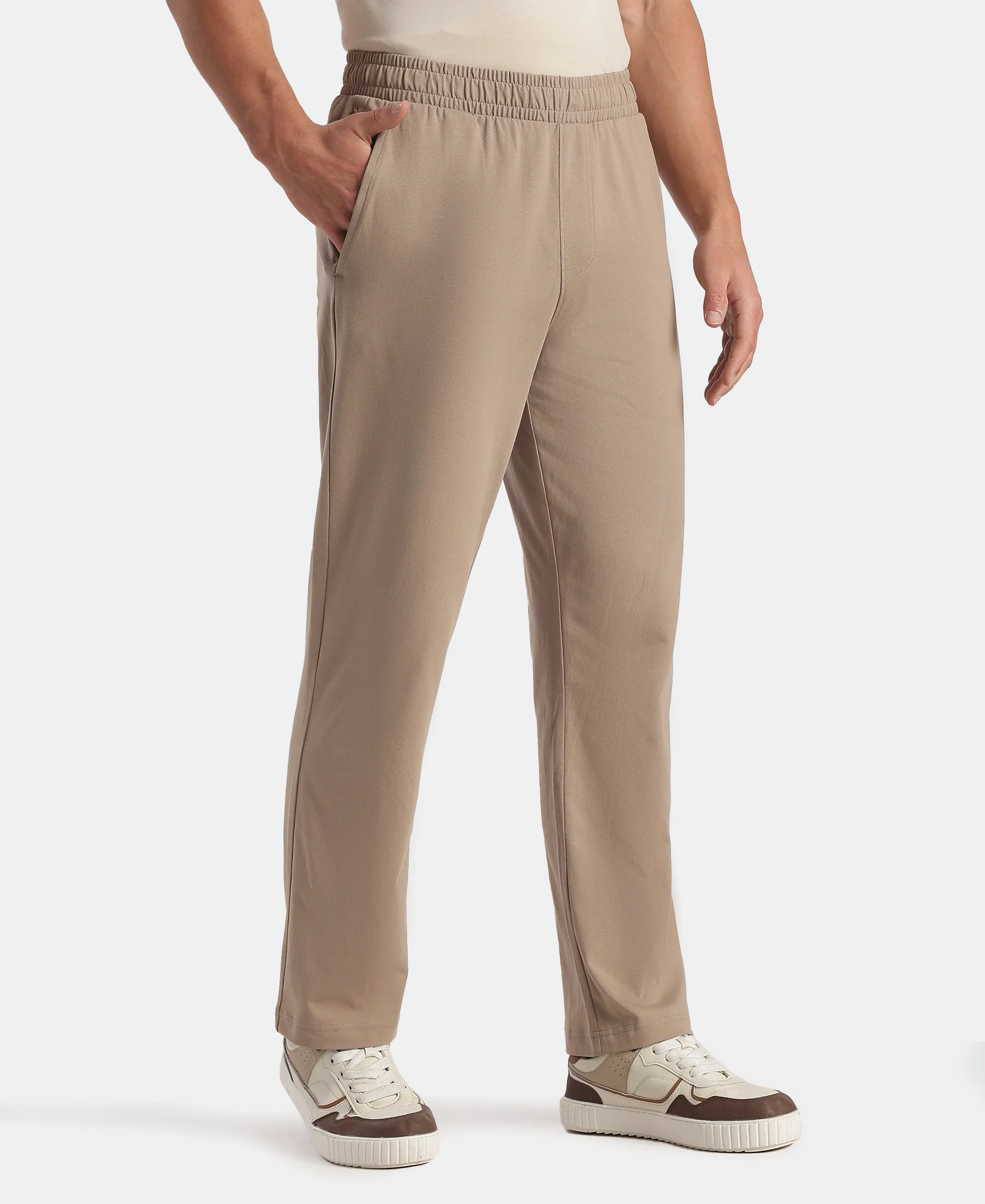 Super Combed Cotton Rich Slim Fit Trackpants with Side and Zipper Media Pockets - Desert Taupe - Image 2