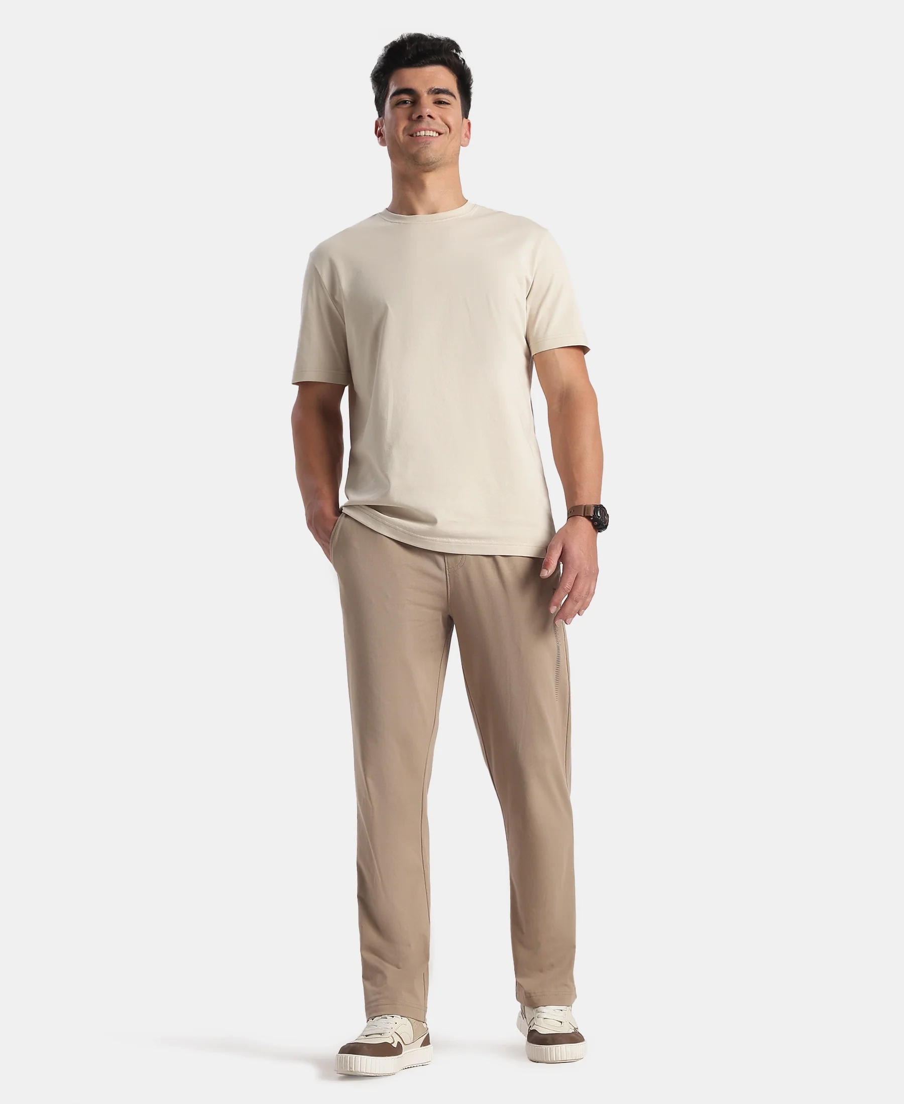 Super Combed Cotton Rich Slim Fit Trackpants with Side and Zipper Media Pockets - Desert Taupe - Image 4