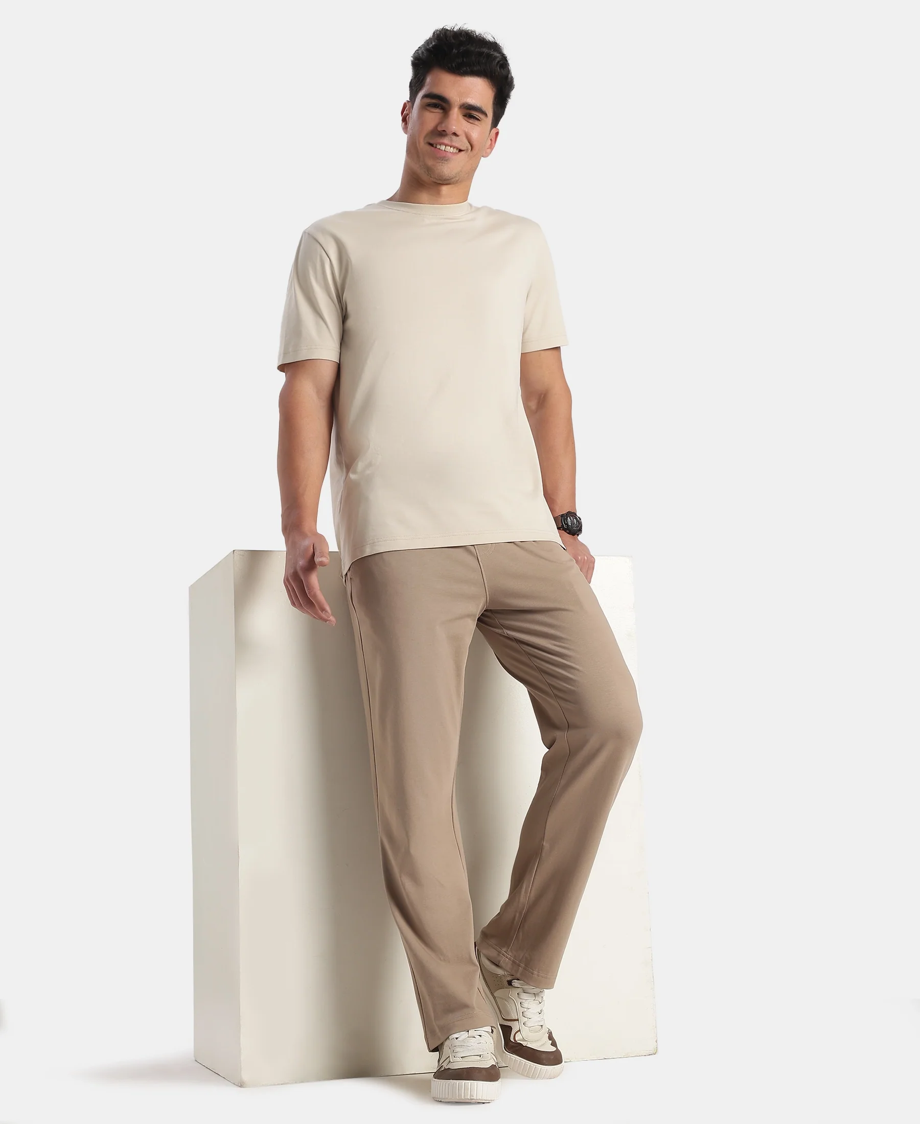 Super Combed Cotton Rich Slim Fit Trackpants with Side and Zipper Media Pockets - Desert Taupe - Image 5