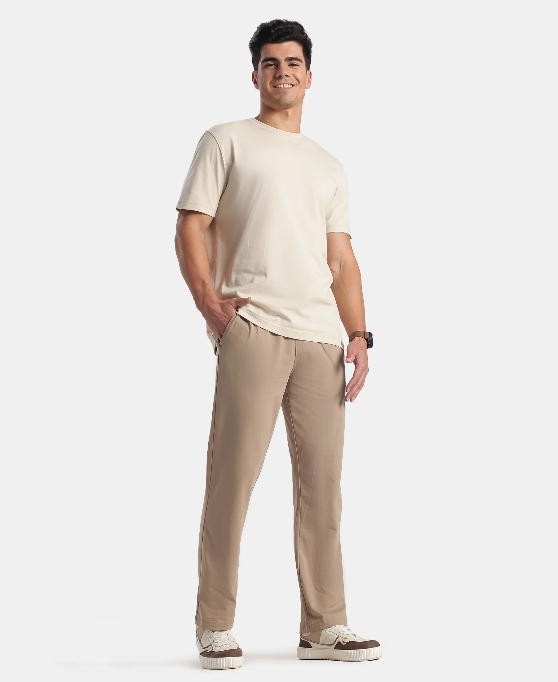 Super Combed Cotton Rich Slim Fit Trackpants with Side and Zipper Media Pockets - Desert Taupe - Image 6