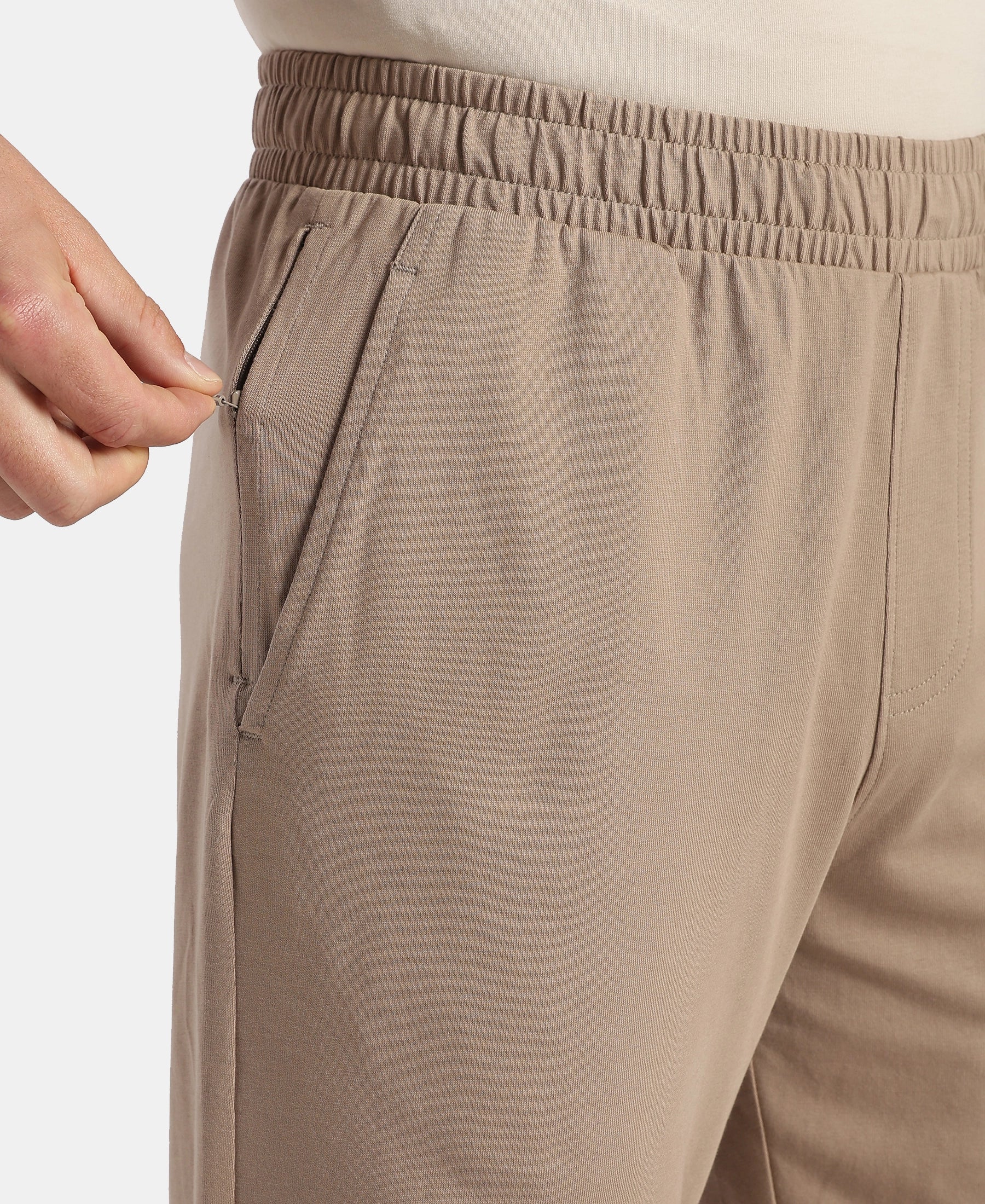 Super Combed Cotton Rich Slim Fit Trackpants with Side and Zipper Media Pockets - Desert Taupe - Image 7