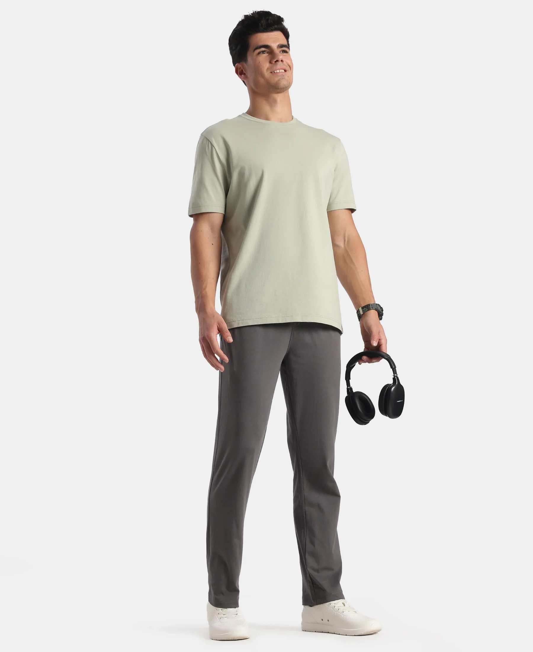 Super Combed Cotton Rich Slim Fit Trackpants with Side and Zipper Media Pockets - Magnet - Image 6