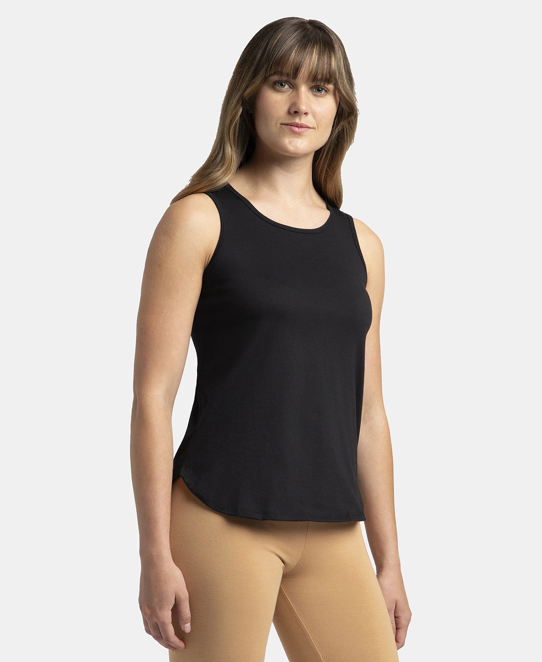 Super Combed Cotton Rich Solid Curved Hem Styled Tank Top - Black - Image 2