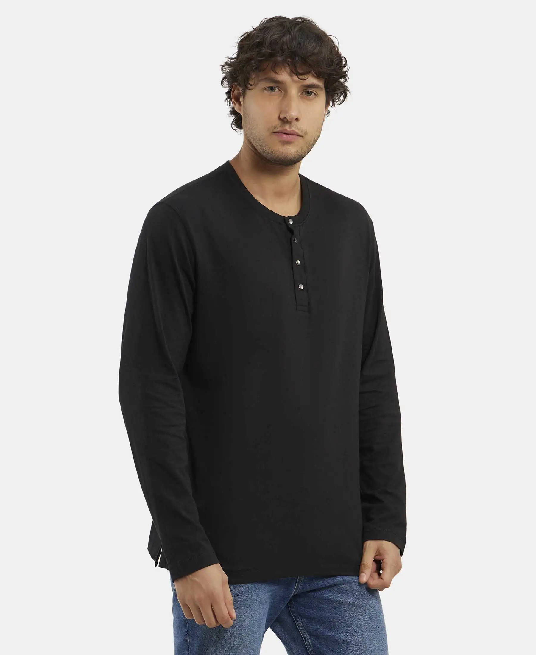 Super Combed Cotton Rich Solid Full Sleeve Henley T-Shirt - Black - Image 2
