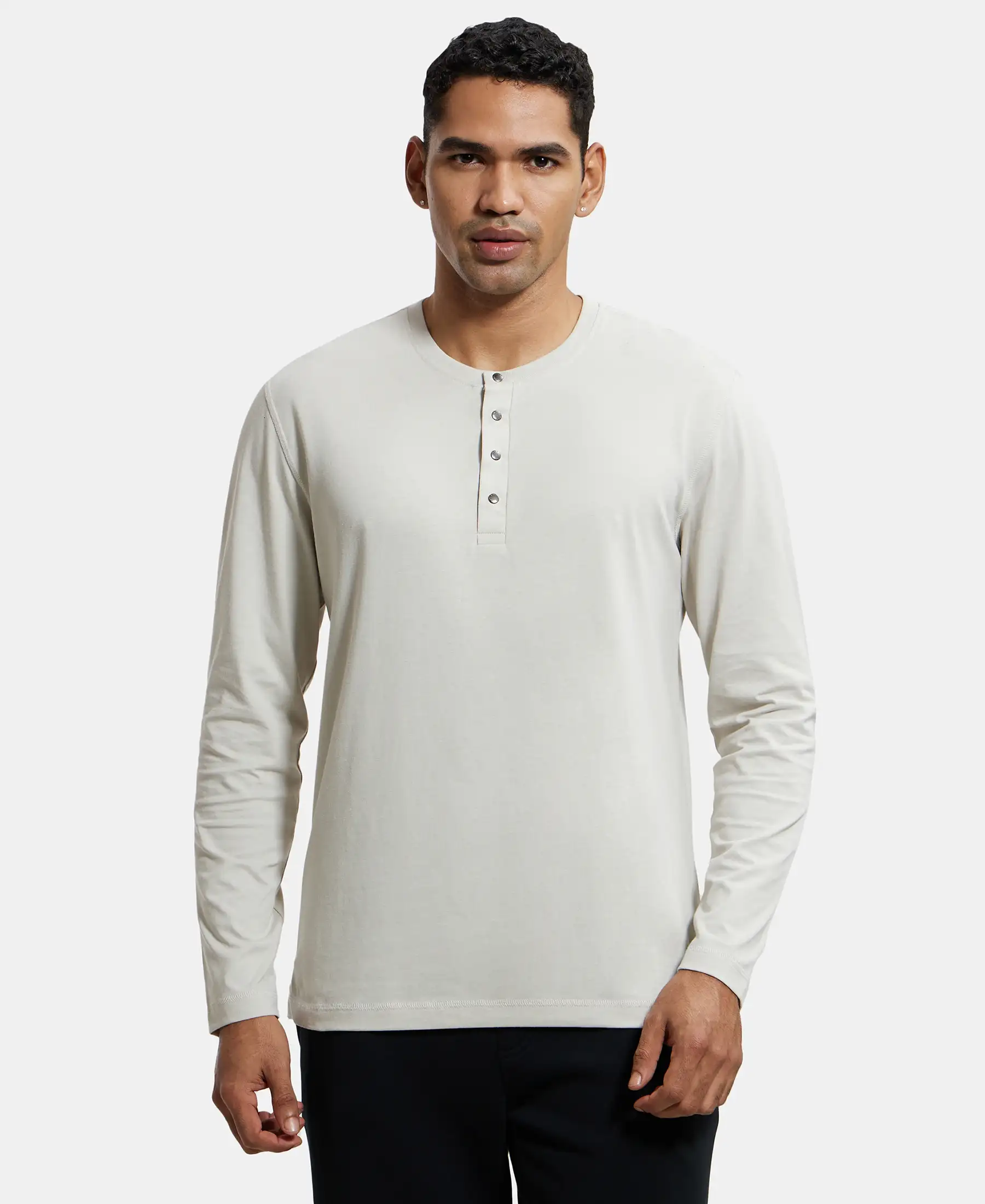 Super Combed Cotton Rich Solid Full Sleeve Henley T-Shirt - Moonstruck