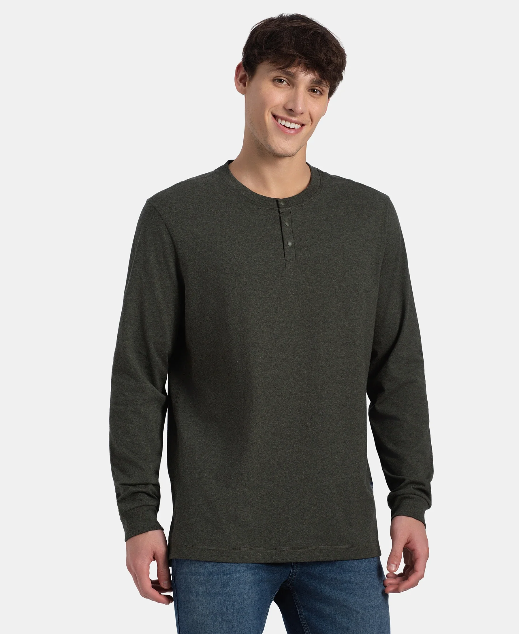 Super Combed Cotton Rich Solid Full Sleeve Henley T-Shirt - Olive Melange - Image 2