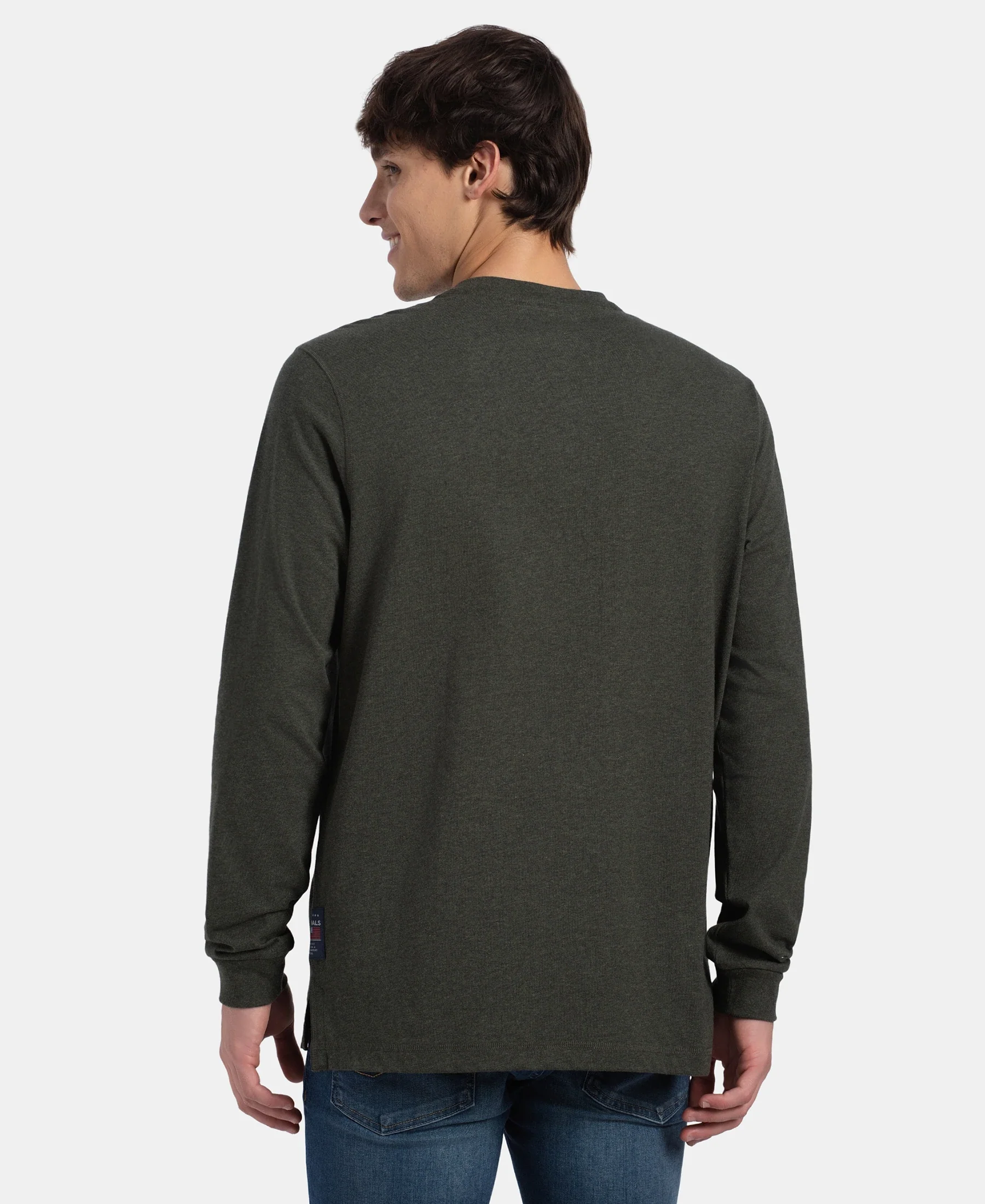 Super Combed Cotton Rich Solid Full Sleeve Henley T-Shirt - Olive Melange - Image 3