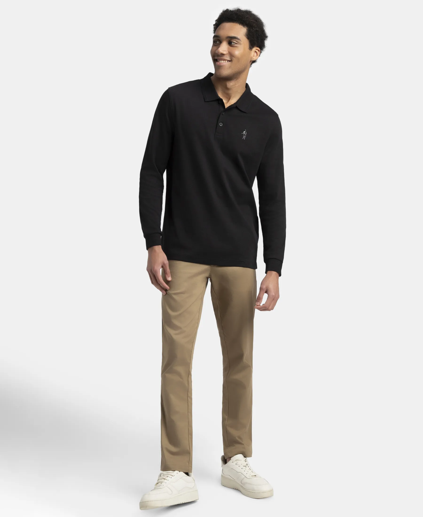 Super Combed Cotton Rich Solid Full Sleeve Polo T-Shirt with Ribbed Cuffs - Black - Image 4