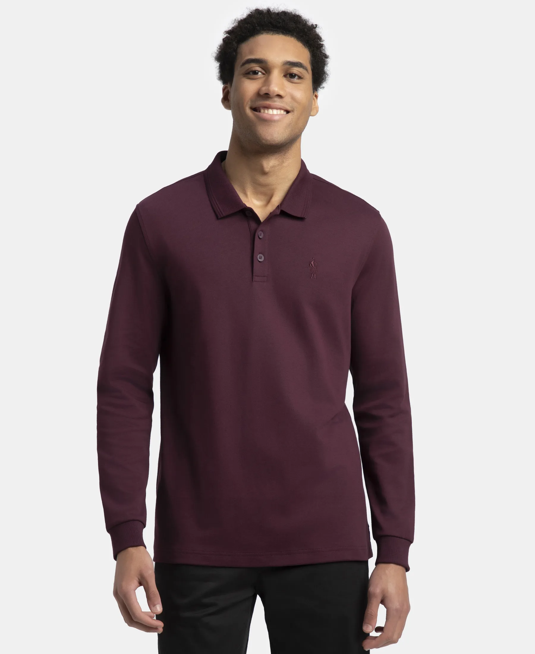 Super Combed Cotton Rich Solid Full Sleeve Polo T-Shirt with Ribbed Cuffs - Wine Tasting