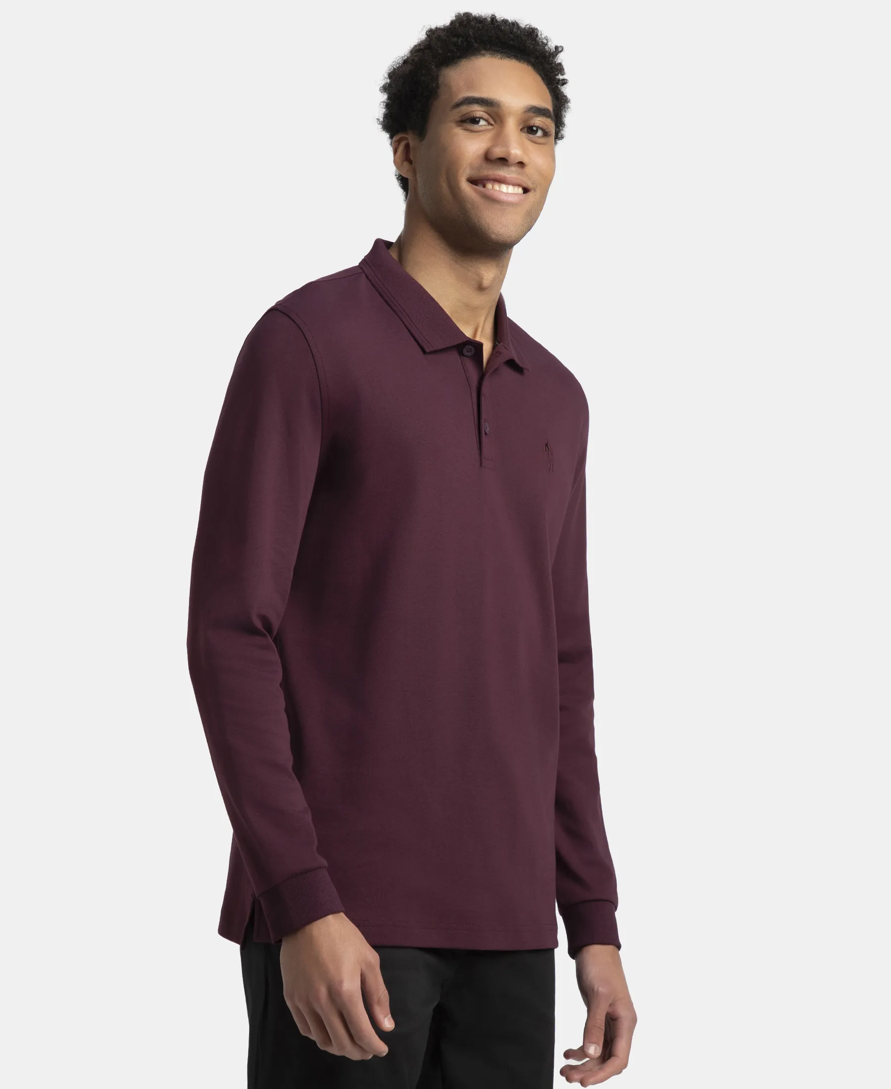 Super Combed Cotton Rich Solid Full Sleeve Polo T-Shirt with Ribbed Cuffs - Wine Tasting - Image 2