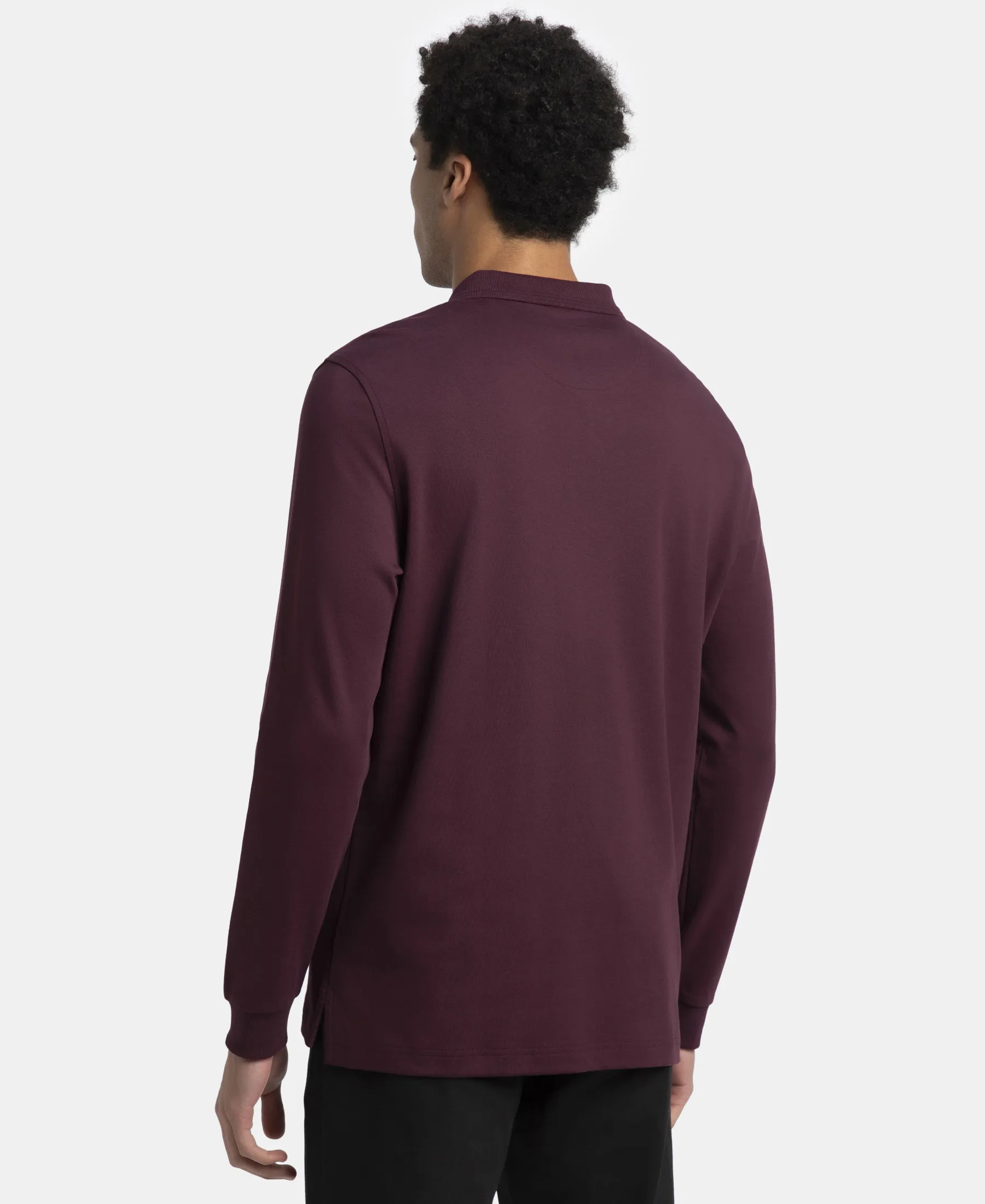 Super Combed Cotton Rich Solid Full Sleeve Polo T-Shirt with Ribbed Cuffs - Wine Tasting - Image 3