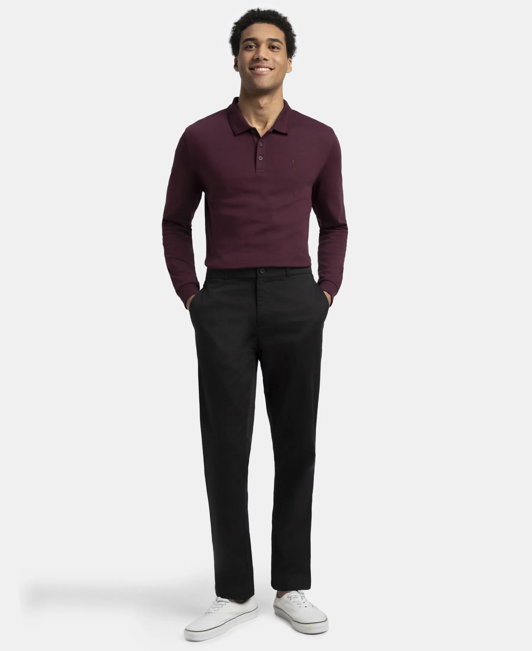 Super Combed Cotton Rich Solid Full Sleeve Polo T-Shirt with Ribbed Cuffs - Wine Tasting - Image 4