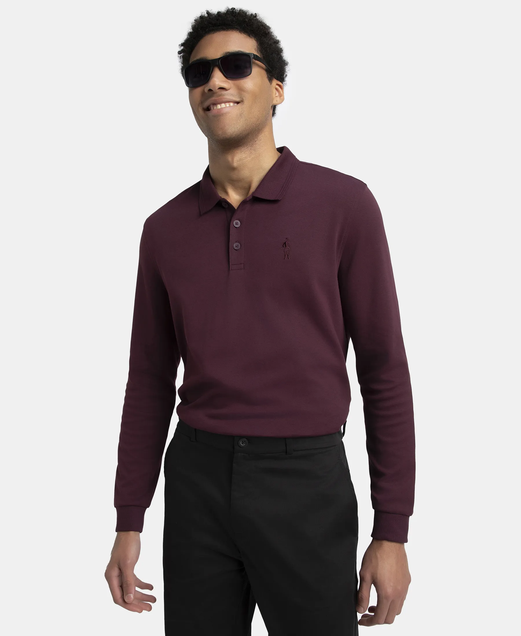 Super Combed Cotton Rich Solid Full Sleeve Polo T-Shirt with Ribbed Cuffs - Wine Tasting - Image 5