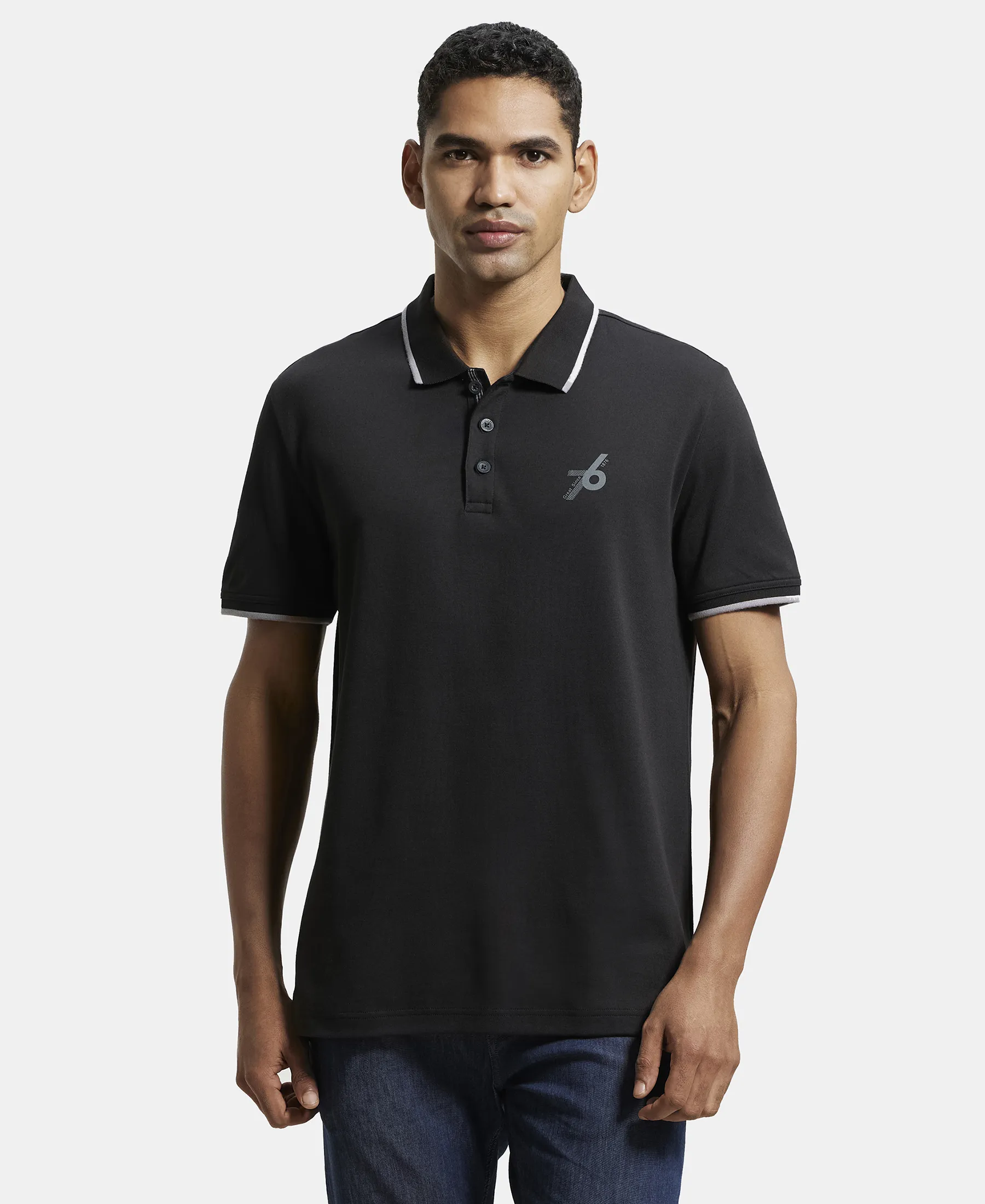 Super Combed Cotton Rich Solid Half Sleeve Polo T-Shirt - Black