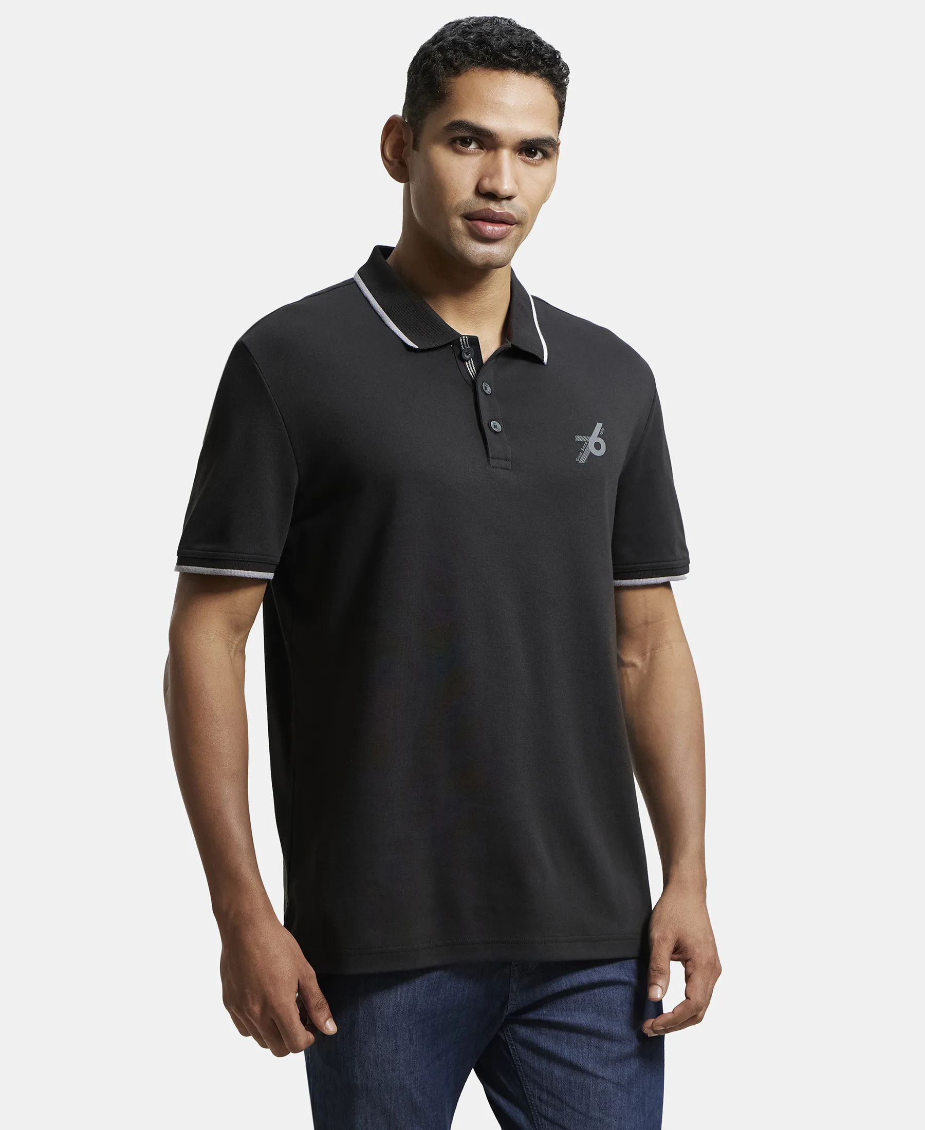 Super Combed Cotton Rich Solid Half Sleeve Polo T-Shirt - Black - Image 2