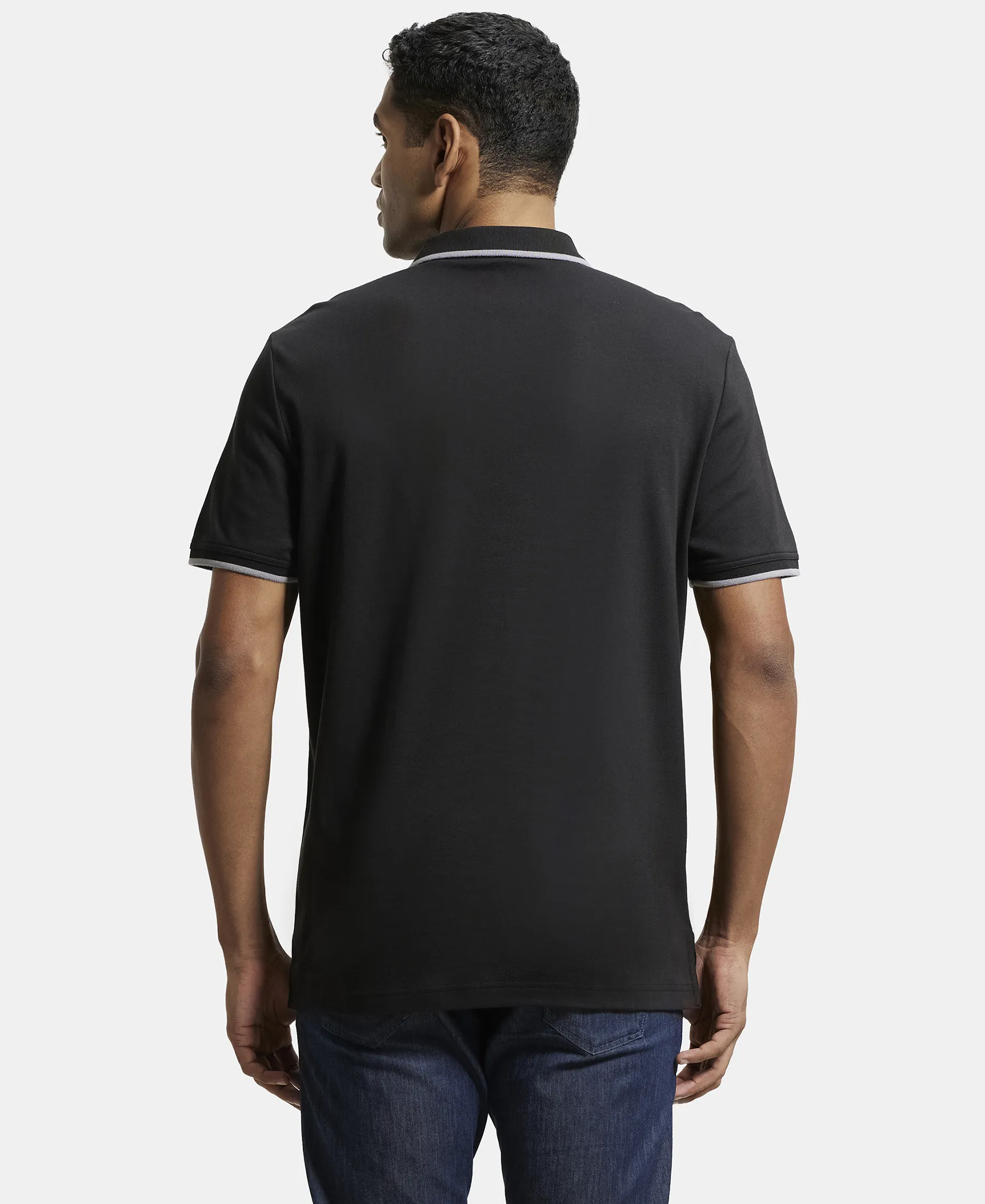 Super Combed Cotton Rich Solid Half Sleeve Polo T-Shirt - Black - Image 3