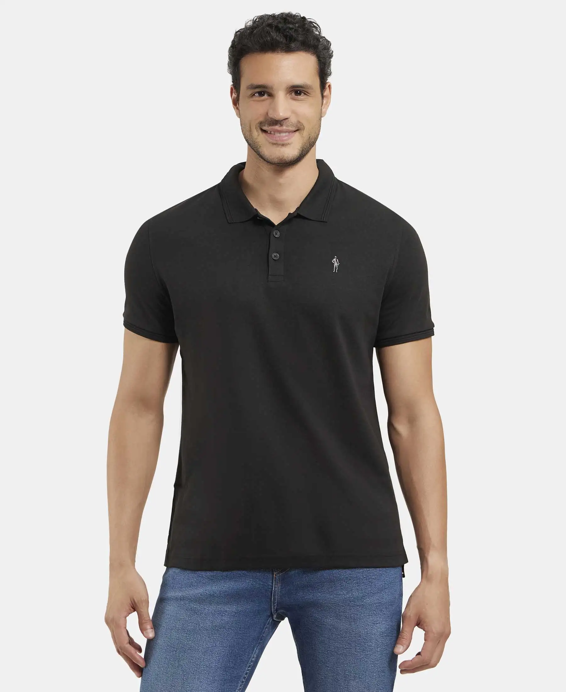 Super Combed Cotton Rich Solid Half Sleeve Polo T-Shirt - Black