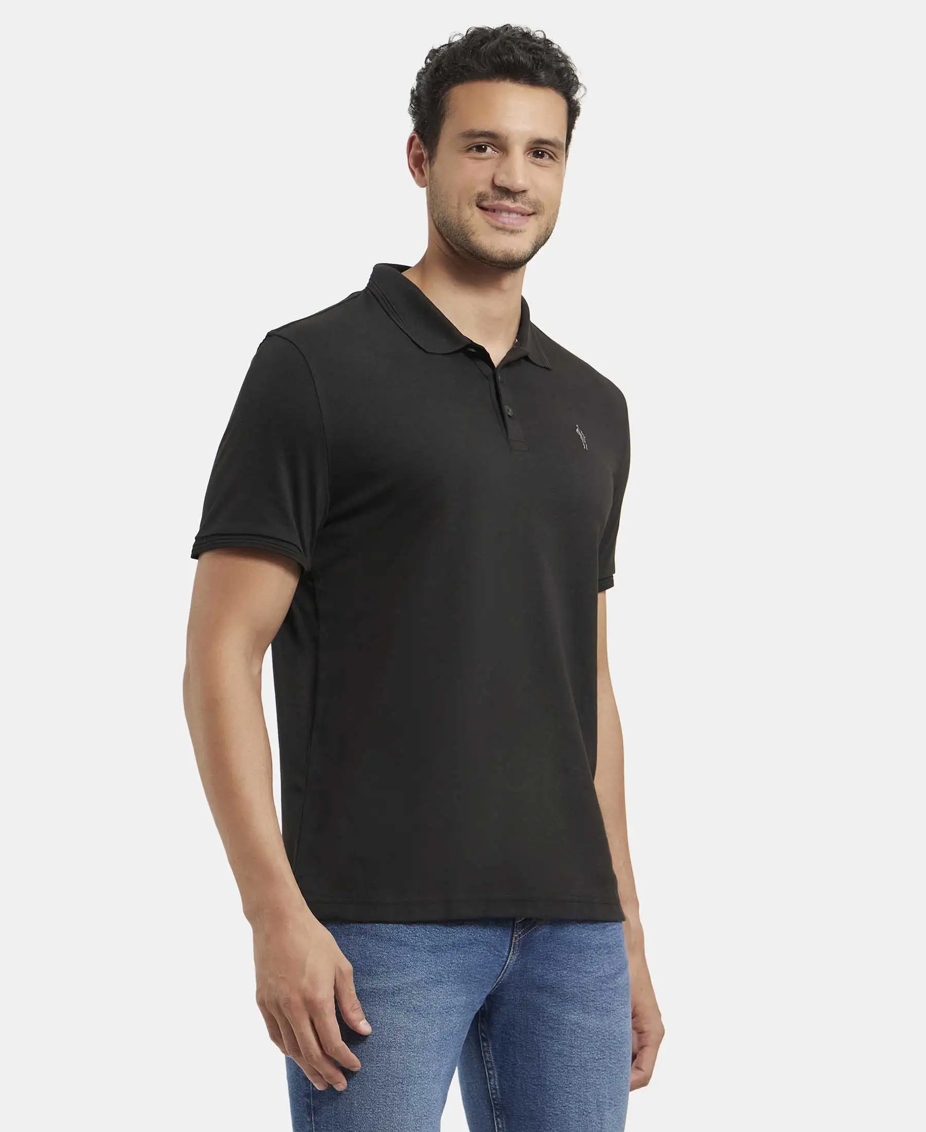 Super Combed Cotton Rich Solid Half Sleeve Polo T-Shirt - Black - Image 2