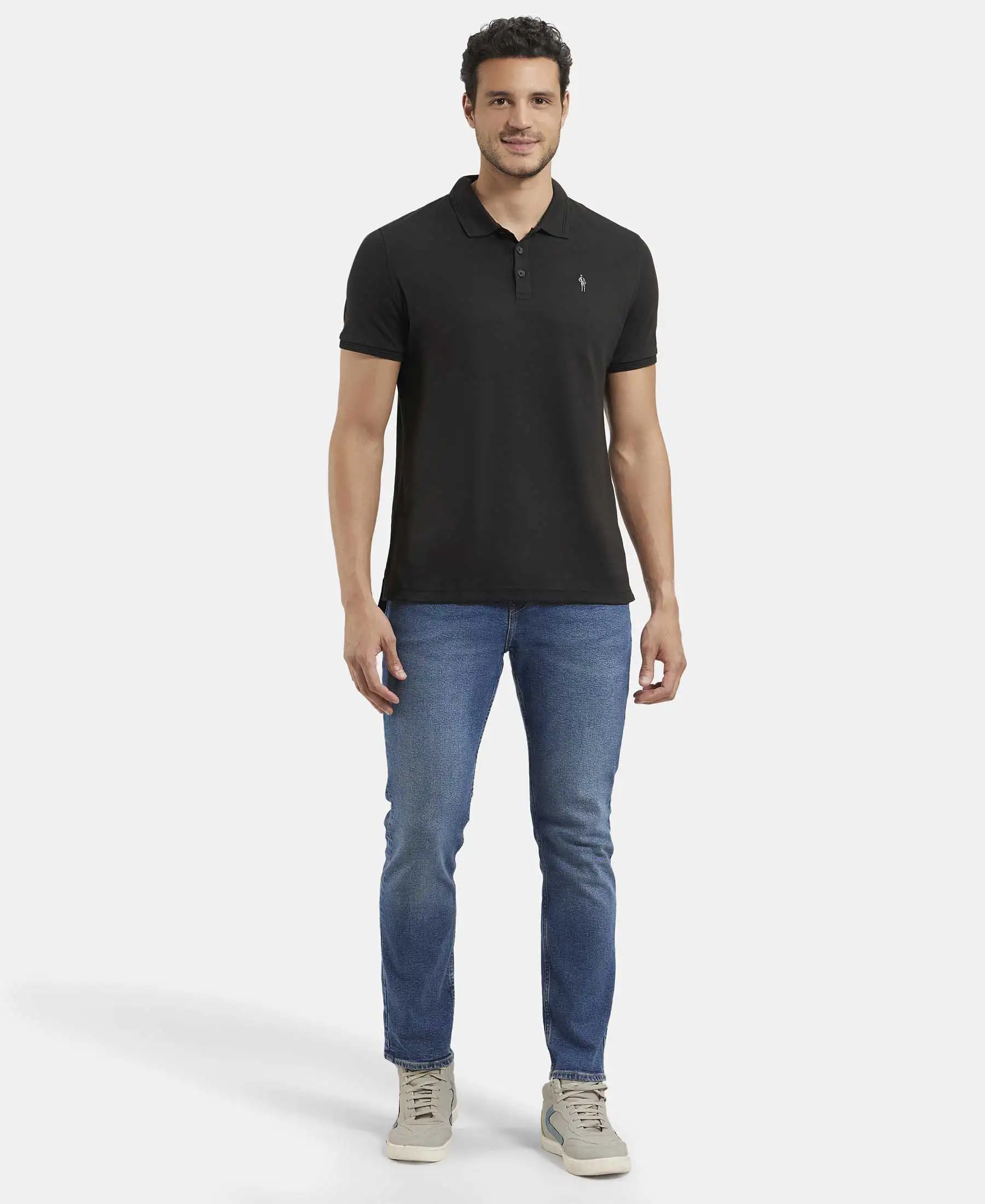 Super Combed Cotton Rich Solid Half Sleeve Polo T-Shirt - Black - Image 4