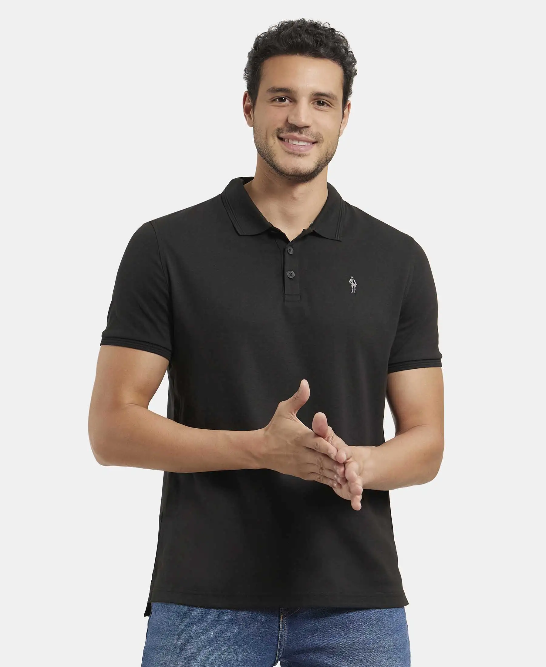 Super Combed Cotton Rich Solid Half Sleeve Polo T-Shirt - Black - Image 5