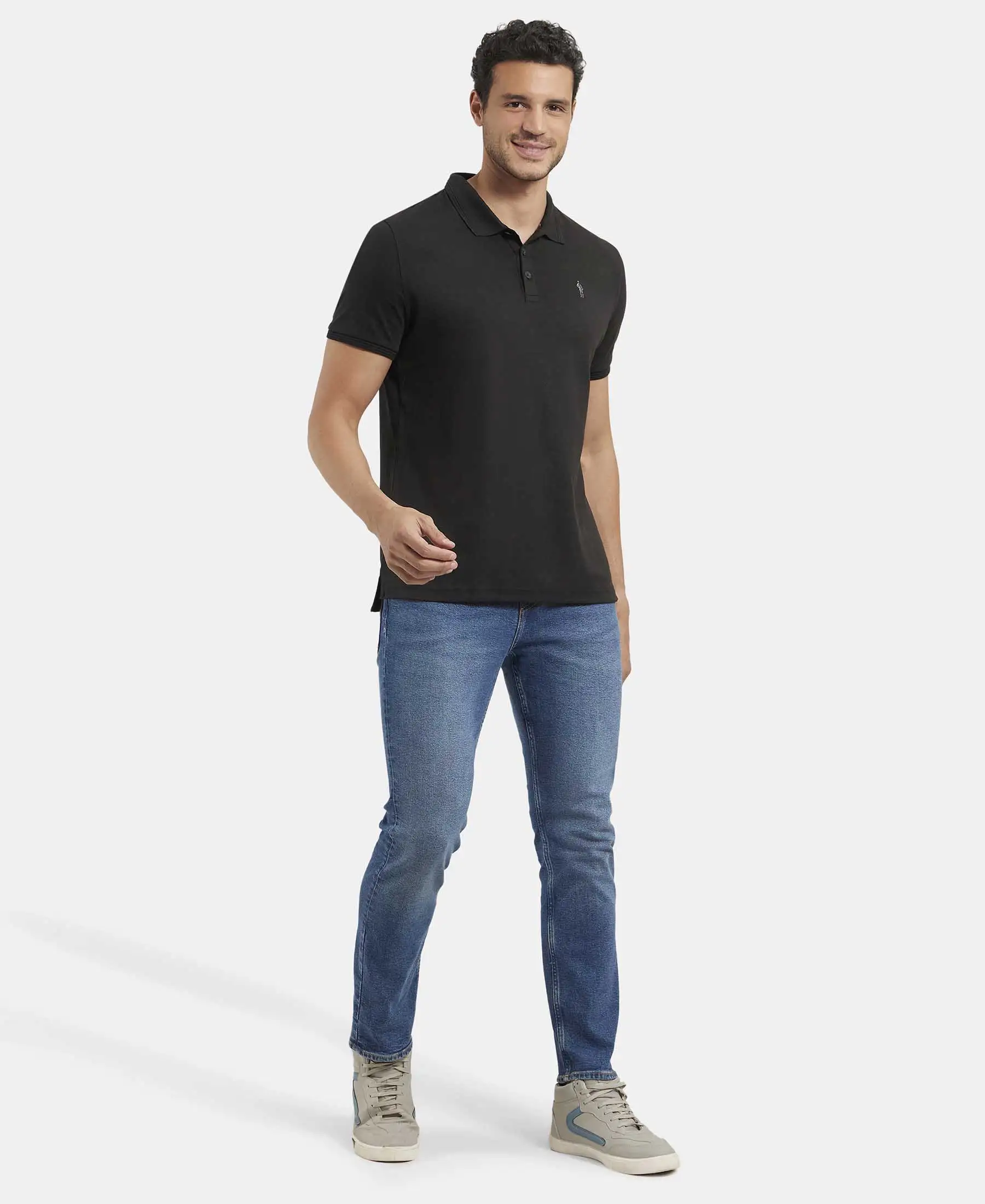 Super Combed Cotton Rich Solid Half Sleeve Polo T-Shirt - Black - Image 6