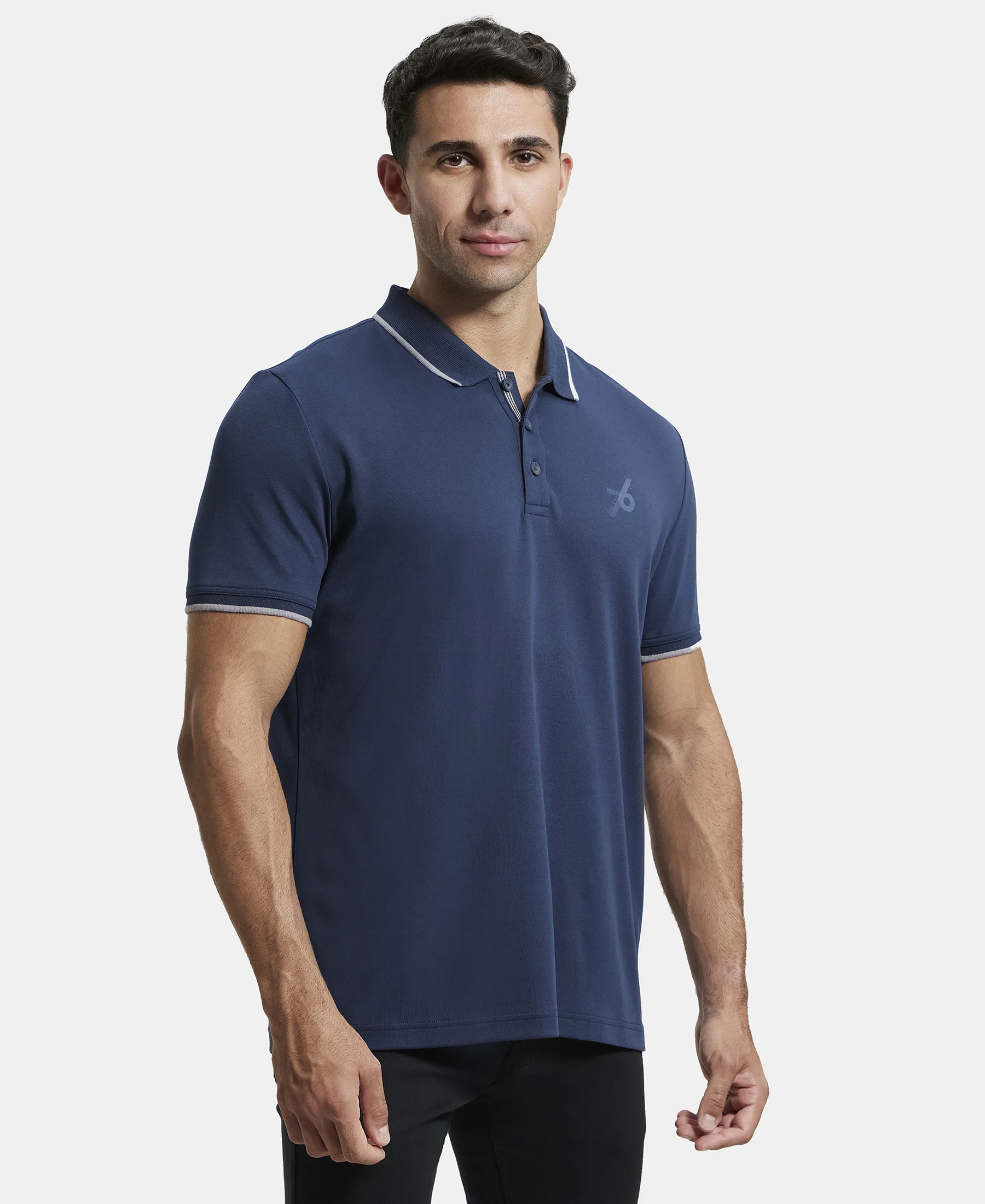 Super Combed Cotton Rich Solid Half Sleeve Polo T-Shirt - Navy - Image 2