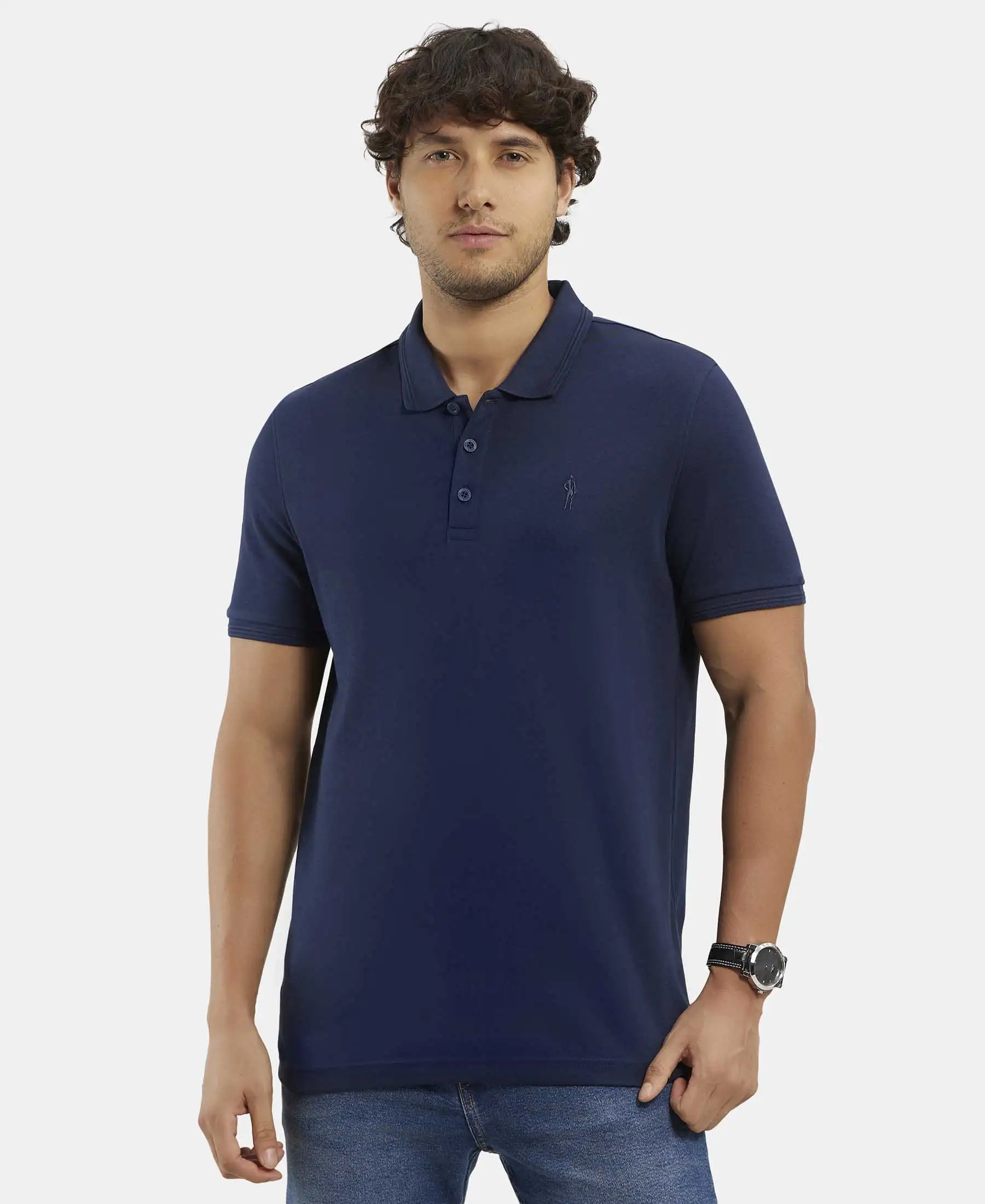 Super Combed Cotton Rich Solid Half Sleeve Polo T-Shirt - Navy