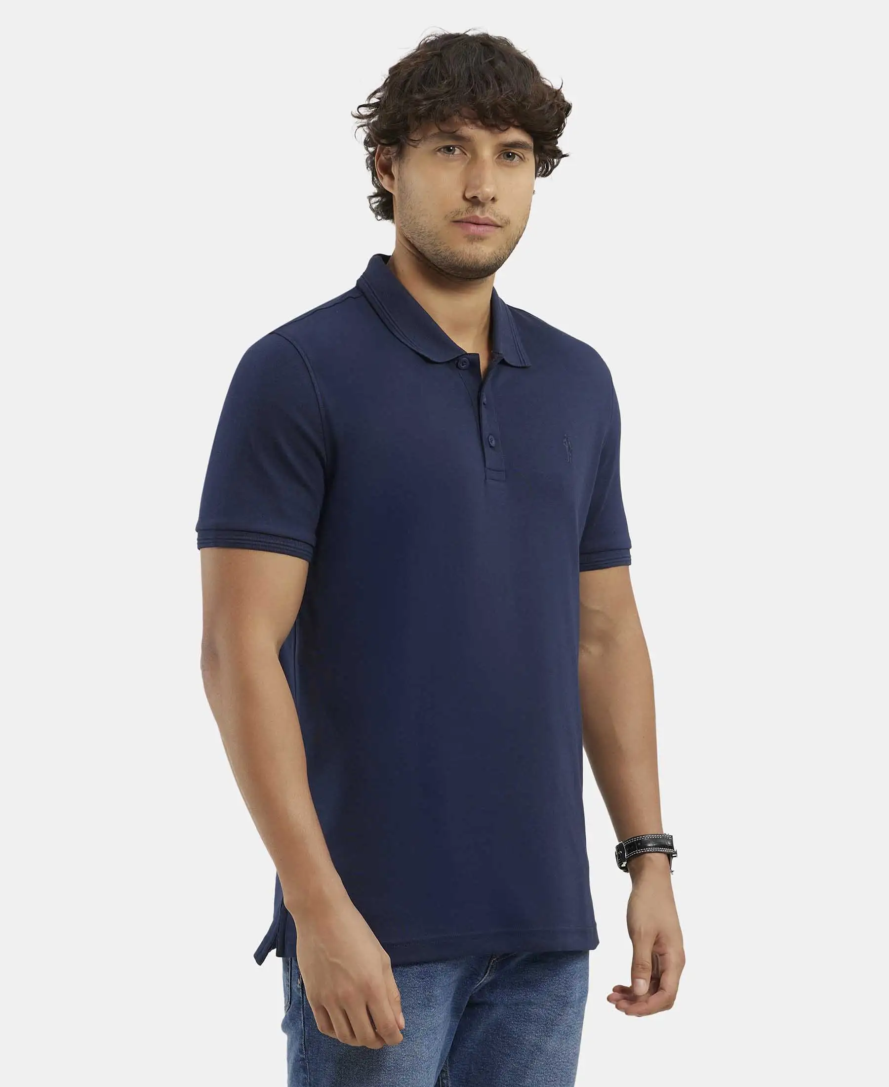 Super Combed Cotton Rich Solid Half Sleeve Polo T-Shirt - Navy - Image 2