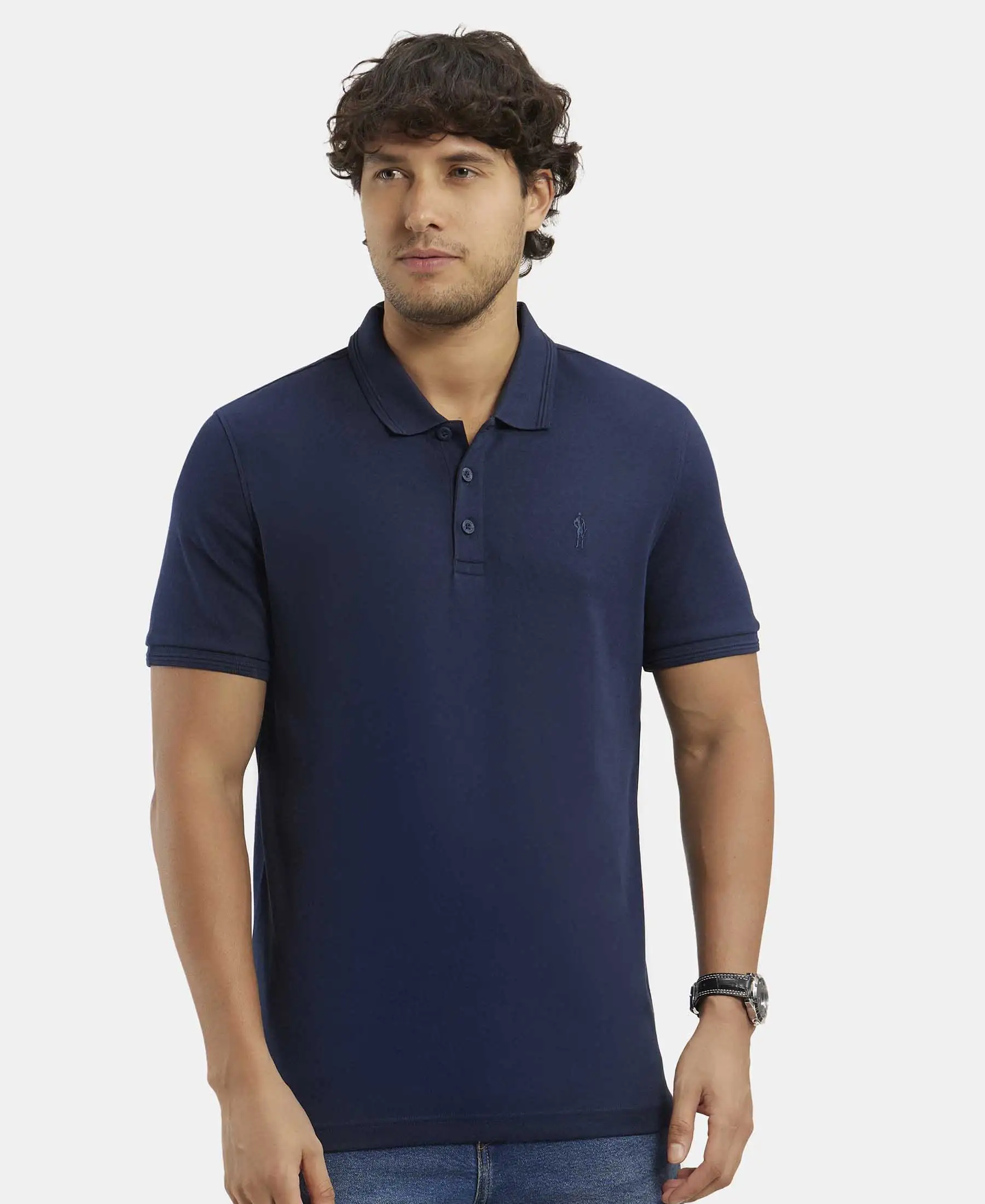 Super Combed Cotton Rich Solid Half Sleeve Polo T-Shirt - Navy - Image 5